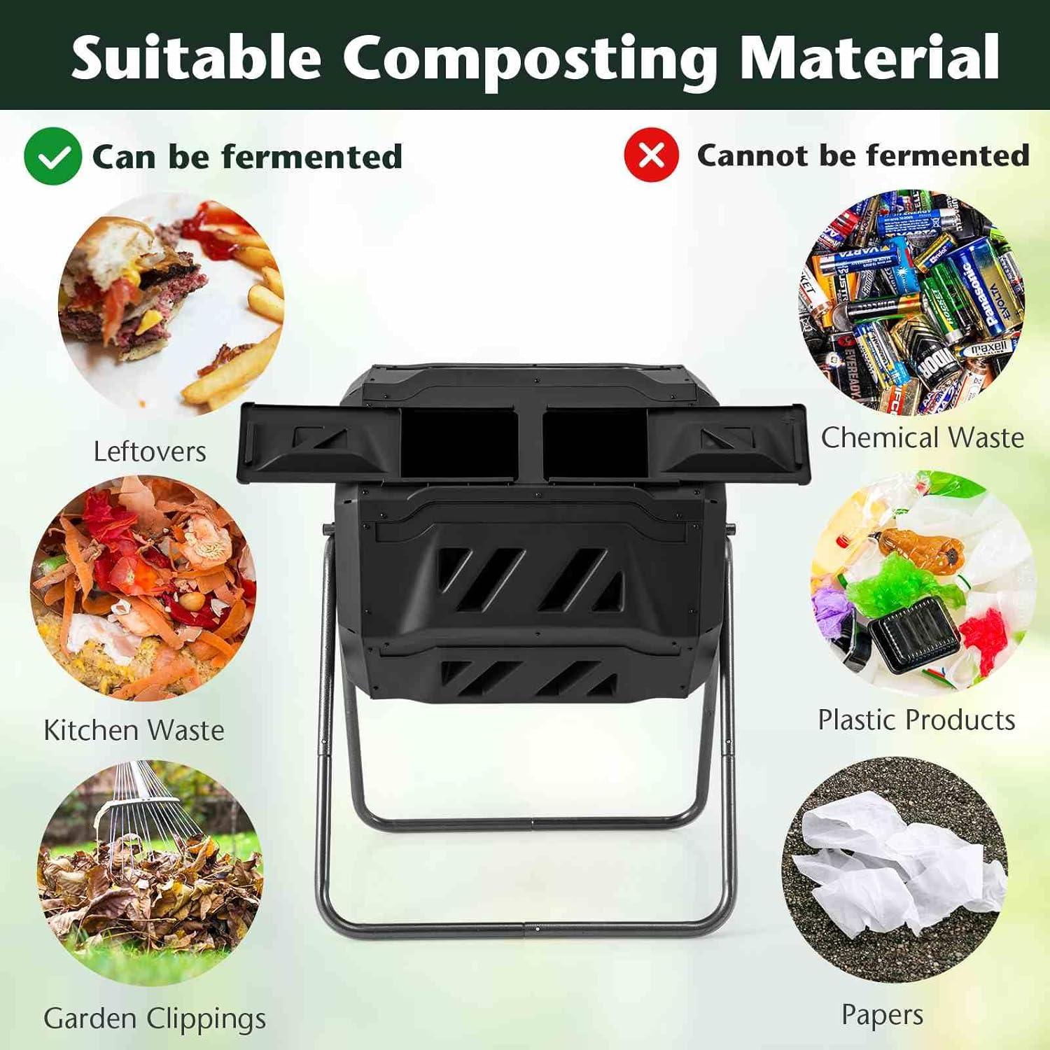 Costway Outdoor Tumbling Composter, 160 L Portable Garden Compost Bin W/Dual Chamber, 2 Sliding Doors & Solid Steel Frame for Gardens &Courtyards, Phillips Screwdriver & Garden Gloves Included image number 2