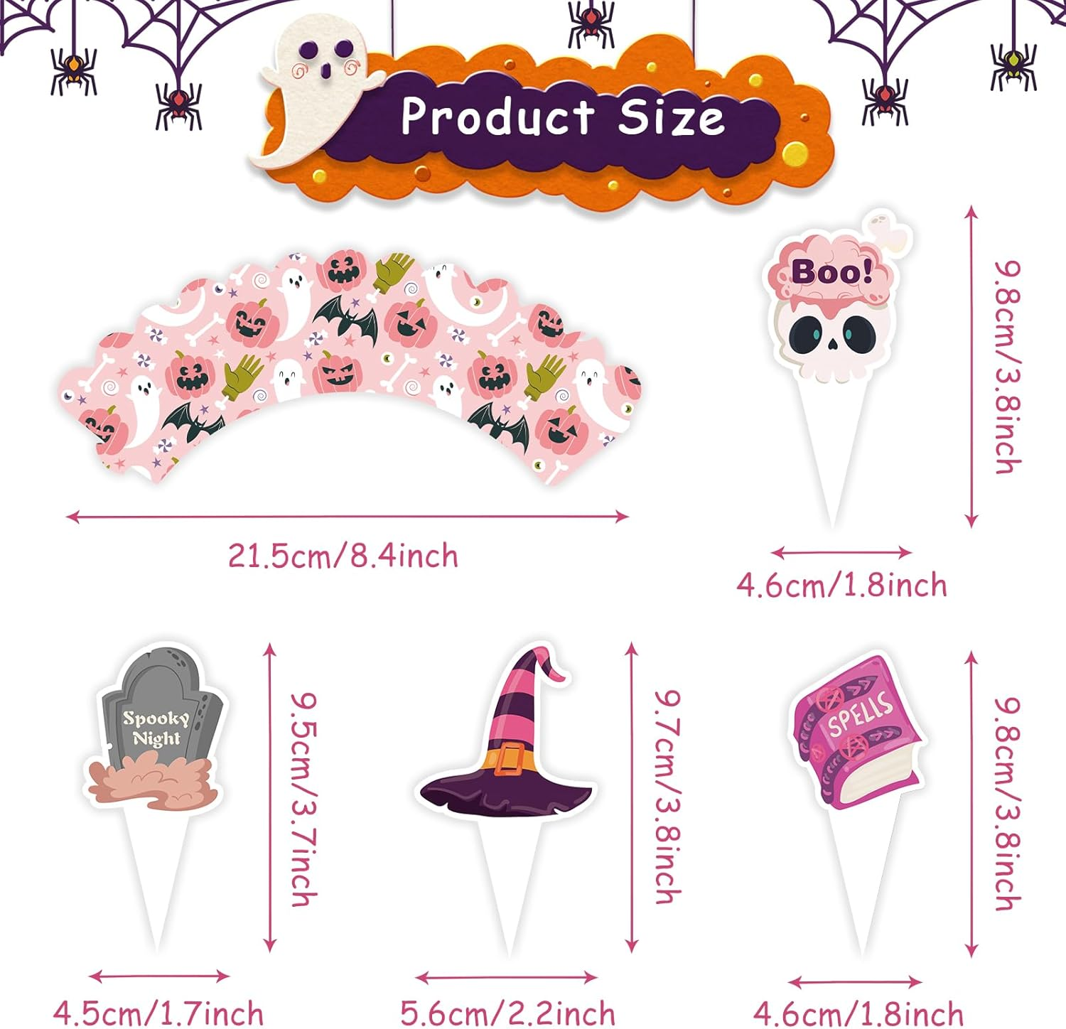 24 PCS Happy Halloween Cupcake Toppers and Wrappers,Printed with Pumpkin Skull Ghost Wizard Hat Pattern Pink Themed Cupcake Cake Decorations for Halloween Party Supplies