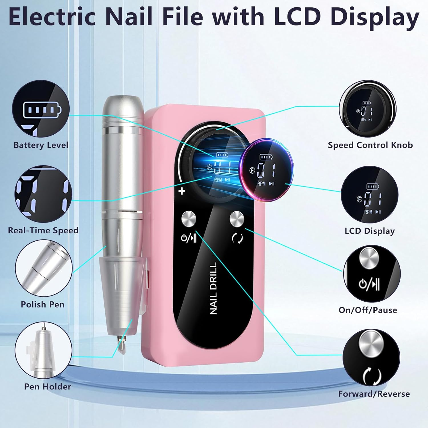 Electric Nail Files, 45000RPM Professional Electric Nail Drill Machine, Rechargeable Portable E File Kit for Acrylic Gel Nails with LCD Display Adjustable Speed for Women Salon Home Beginner image number 5
