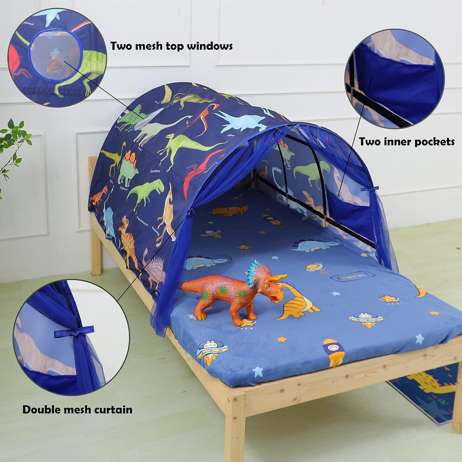 Bed Tent for Toddler Foldable Game House Children Play Tents Breathable Cottage Combination Sleeping Canopy Playhouse Double Net Curtain with Storage Bag, Dark Blue-Dino,(Bed Tent-Dino) image number 4