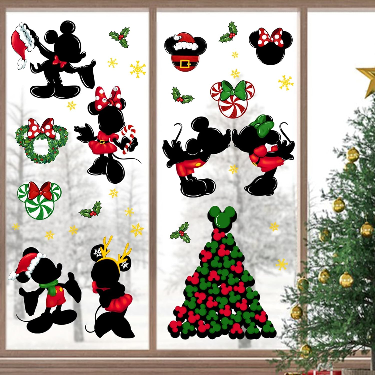 Yovkky Merry Christmas Window Clings, 2025 New Year Christmas Xmas Tree Green Red Stickers Decals Decor, Peppermint Candy Wreath Winter Snowflakes Holiday Party Home Kitchen Decorations image number 5