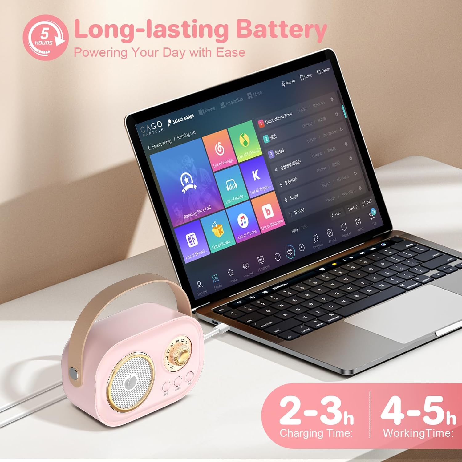 Mini Karaoke Machine for Kids Adults,Portable Bluetooth Speaker with 2 Wireless Microphones, Gifts Toys for Girls 3, 4, 5, 6, 7, 8+ Years Old Toddler Teens Birthday Family Home Party (Pink) - Beige image number 4