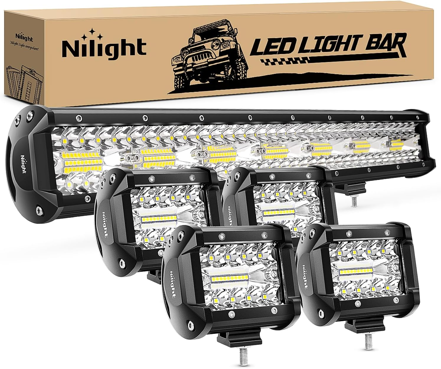 Nilight 20 Inch 420W Triple Row Flood Spot Combo Led Light Bar 4PCS 4Inch 60W LED Pods Driving Boat Lights Led off Road Trucks Lights, (ZH415), Black image number 3