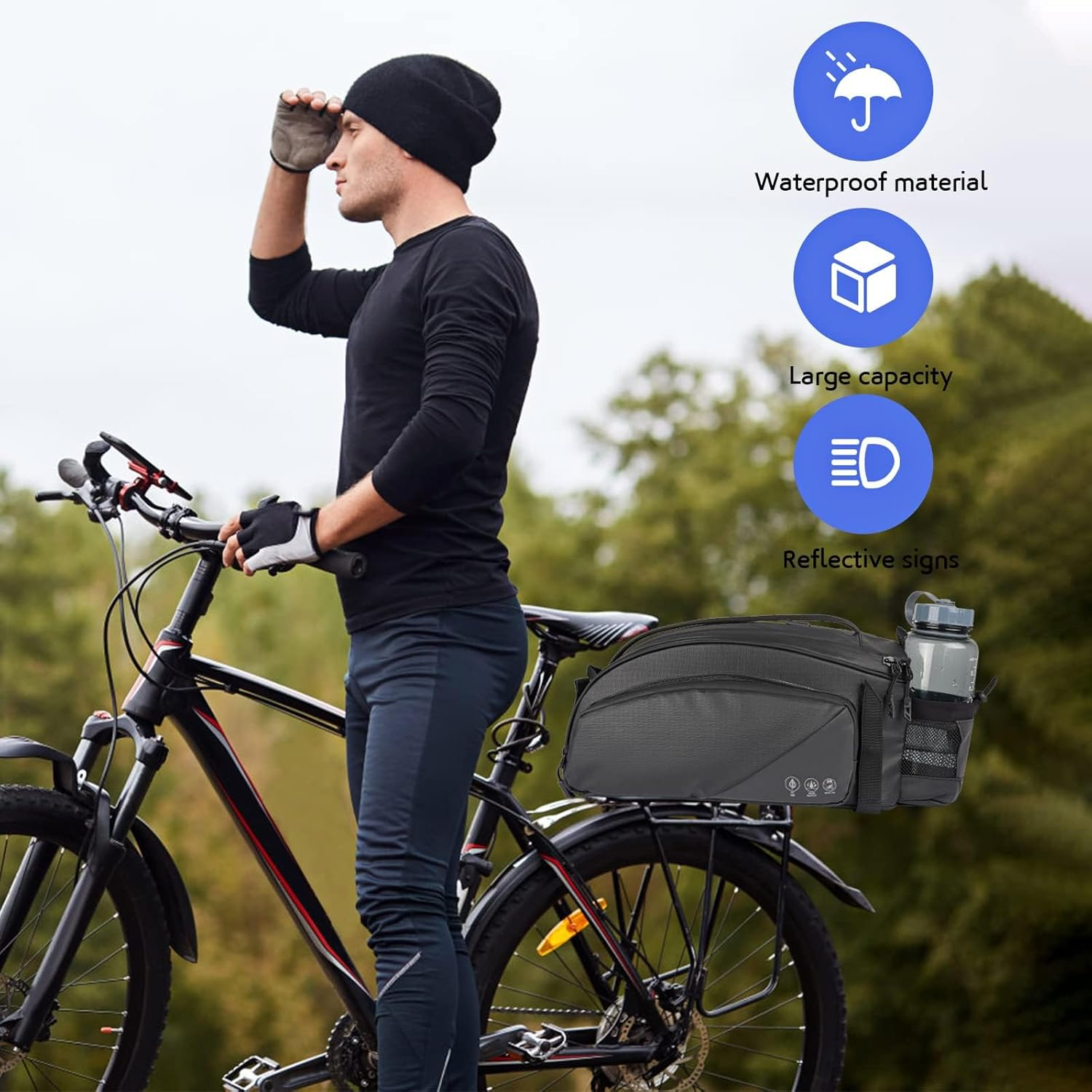 QYCHHJ 12L Bike Bags for Bicycles Rear Rack, Reflective Bike Rack Bag with Water-Resistant Zippers, Waterproof Bike Trunk Bag with Side Pockets Pannier Bag for Bike Accessories image number 1