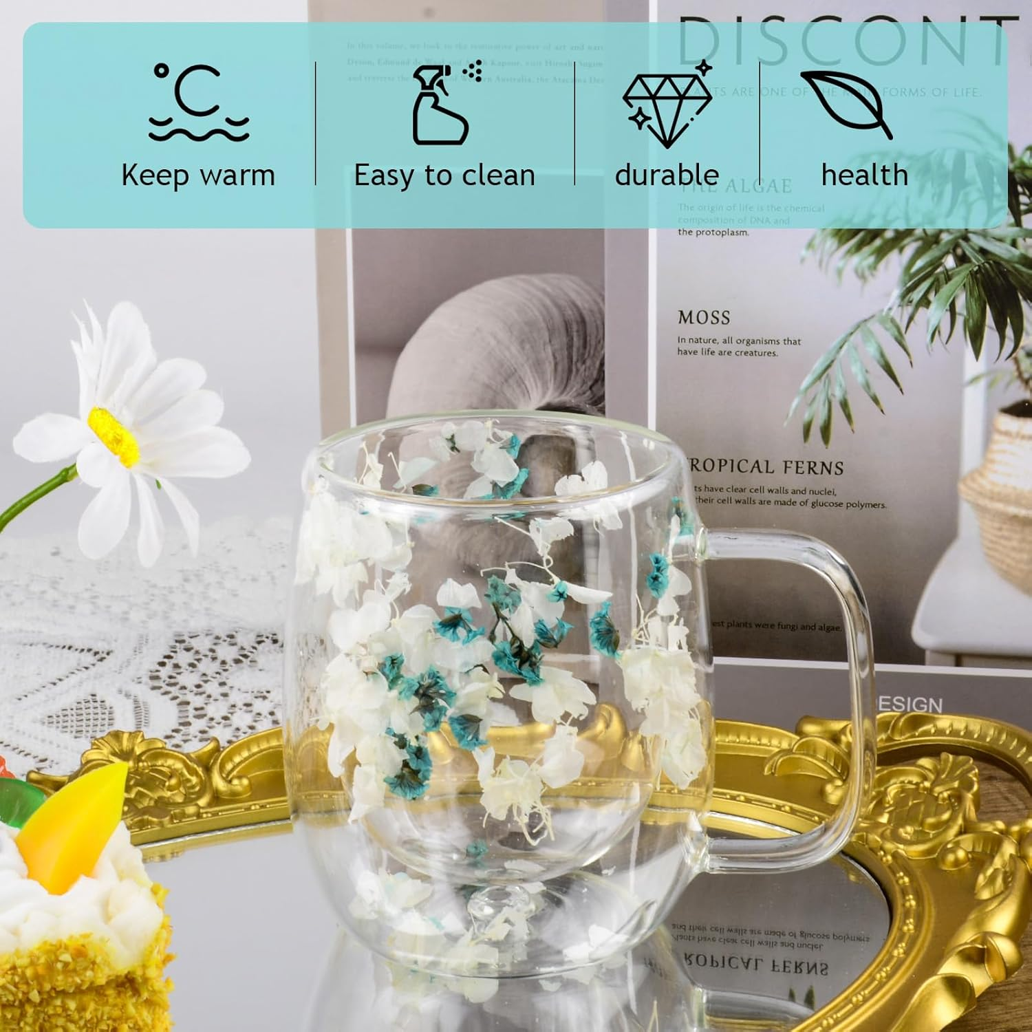 Dried Flowers Double Wall Glass Coffee Mugs Clear Cups, 350Ml Aesthetic Dried Flowers Insulated Tea Cups for Cappuccino Tea Espresso Latte Hot Beverages Glasses Birthday Gifts for Women Her