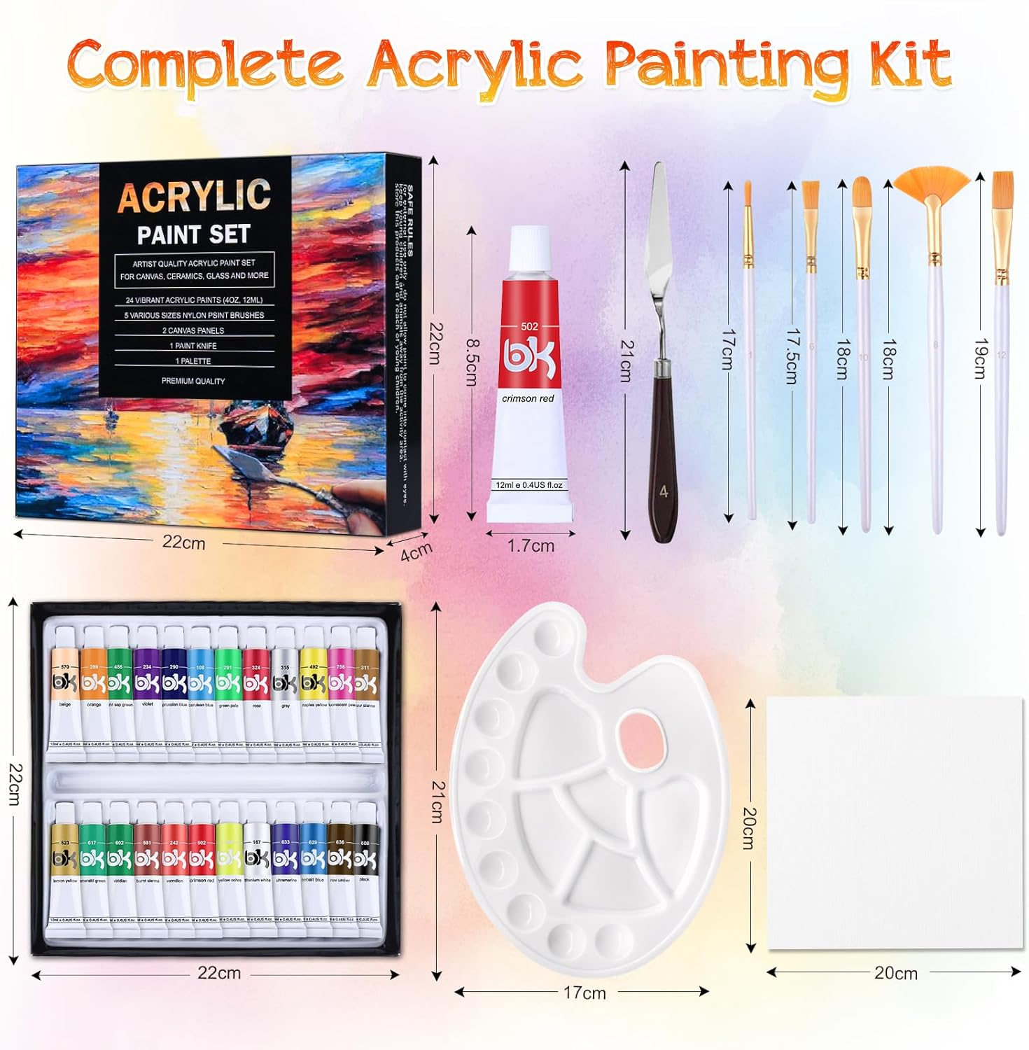 Aottom 33 Piece Canvas Acrylic Paint Set, 24 X Tube Acrylic Paints with 5 X Brush Set + 2 X Canvas + 1 X Mixing Knife Acrylic Paint Set for Stones, Paper, Wood Acrylic Paints for Artists, Beginners image number 2