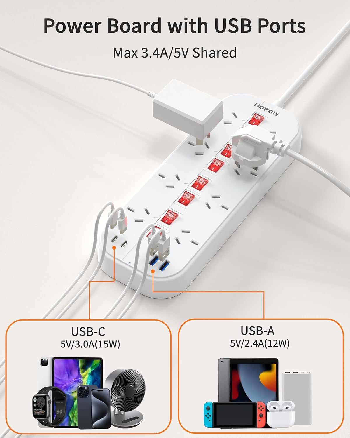 Power Board with Individual Switches, Power Strip with 8 Wide Outlets(2 USB a & 2 USB C), 350J Surge Protection Power Board, Powerboard 10A/2400W, 2M Extension Cord for Home, Office, Hotel image number 3
