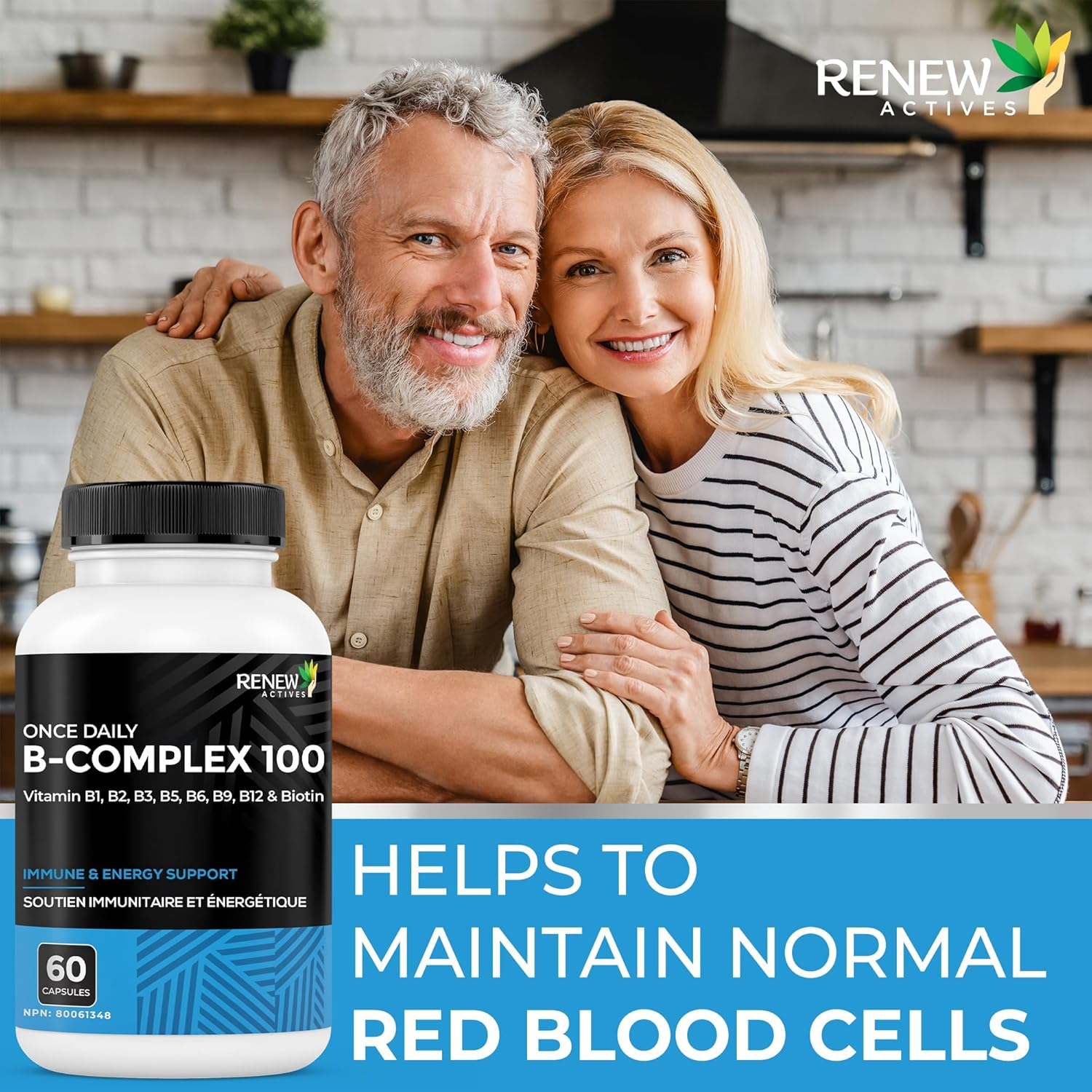 Renew Actives Vitamin B Complex 100 &ndash; 60-Capsule Advanced B Complex Dietary Supplement for Men and Women &ndash; 100% of B1, B2, B3, B5, B-6, B-12! &ndash; Vegan-Friendly Capsules