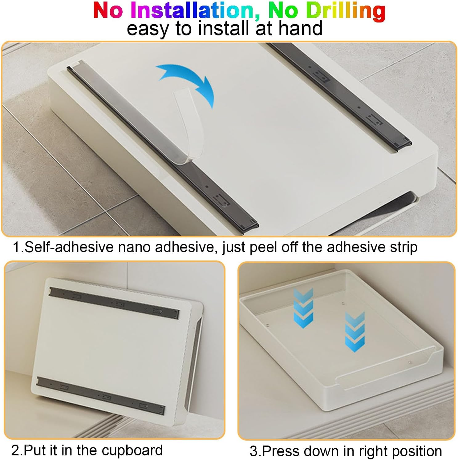 Pull Out Cabinet Organizer, WADY Pull Out Drawers for Cabinets Fixed with Adhesive Film, Adjustable Peel Stick Slide Out Drawers for Kitchen Cabinets Pantry Bathroom-43Cm Deep(11.8" W) image number 2