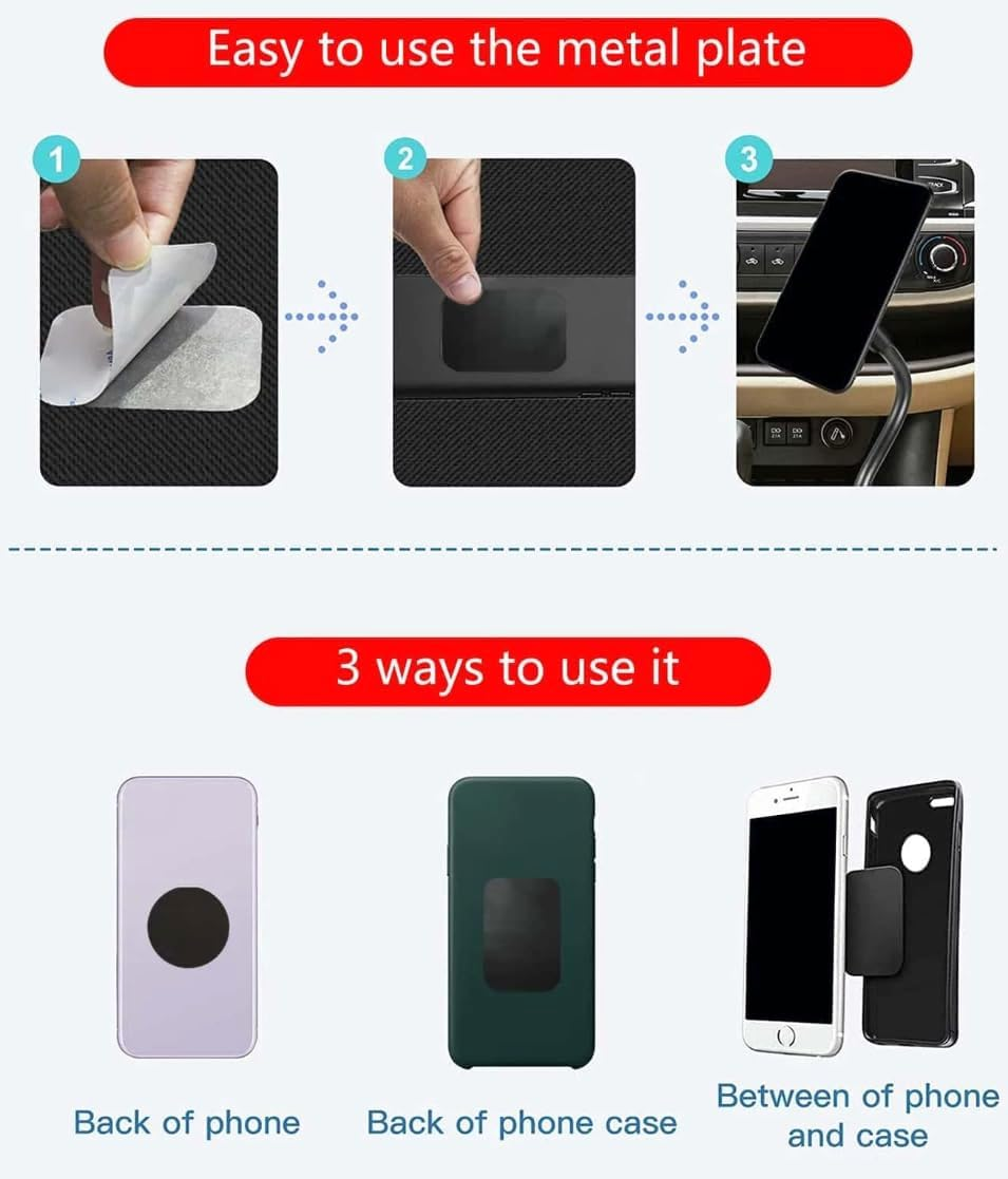 Metal Plates for Mobile Magnetic Mount - Universal Replacement Plate Metal Disc with Strong Adhesive for Car Mounts, Magnetic Phone Holder - 2 Rectangle and 2 round (All Black)