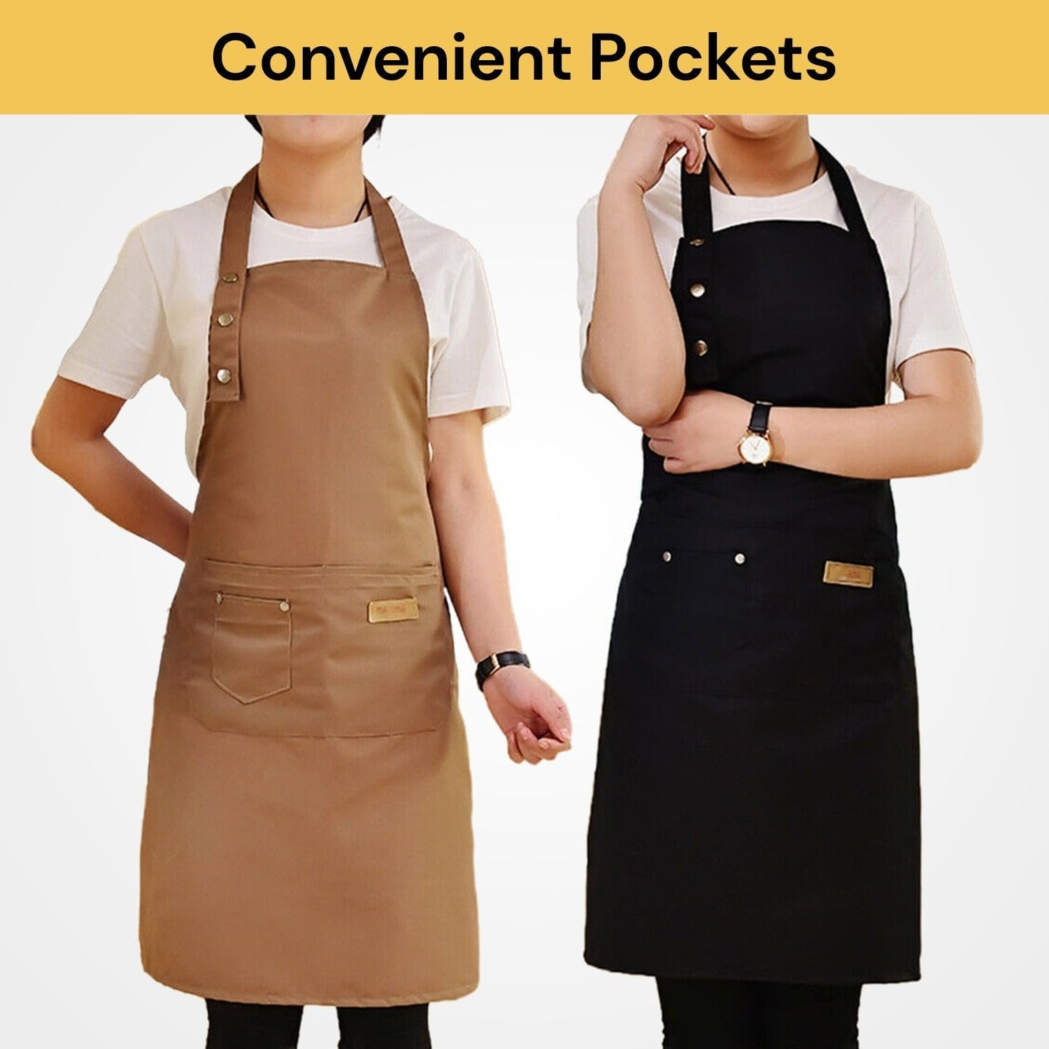 EZONEDEAL Bib Apron, Unisex Aprons Adjustable Waterdrop Resistant with 2 Front Pockets, Cooking Kitchen Apron for Chef, BBQ Drawing Apron Bulk, Chef Aprons for Cooking - Black-3 Pockets image number 2