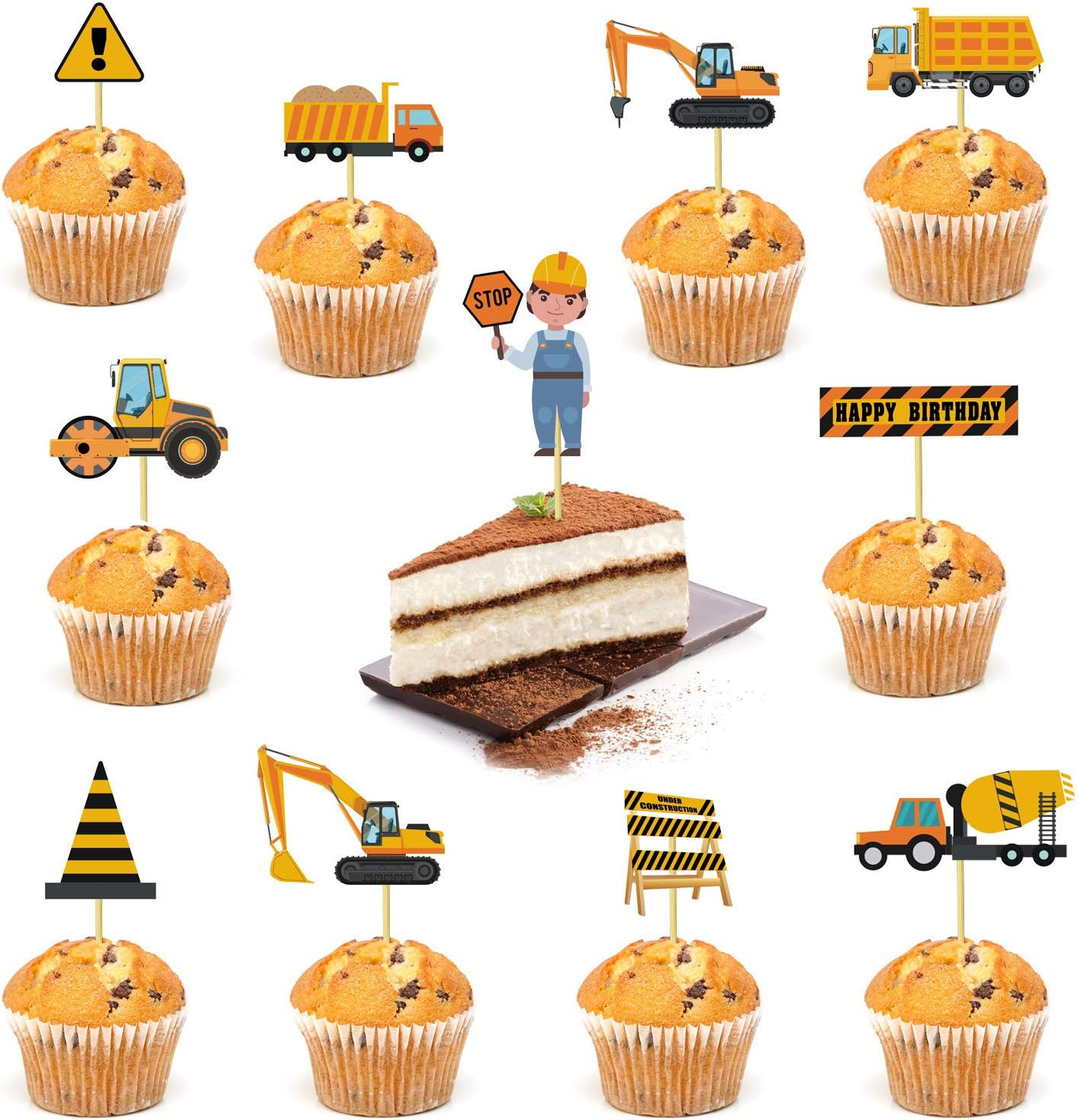 12Pcs Construction Cupcake Toppers Happy Birthday Cake Topper Stop Sign Dump Truck Excavator Tractor Party Cake Picks Decorations for Construction Theme Birthday Party Supplies