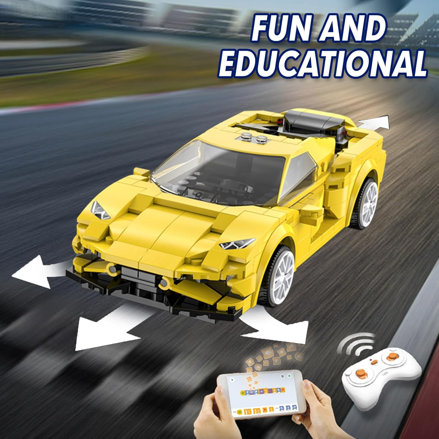 Technic RC Car Building Set, Two Modes of Control Race Car, Yellow STEM Sports Model Car Kits Toys Gifts for Boys Kids Age 8-12(289 Pcs) image number 2