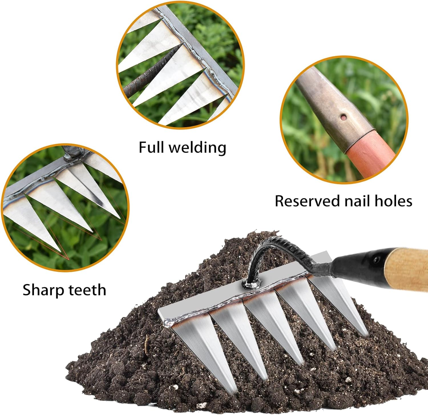 Iron Rake for Gardening and Weeding - Heavy Duty Garden Tool, Carbon Steel Hand Rake for Sturdy Dethatching, 5 Toothed Steel (Without Stick) - 5 Toothed Steel image number 5