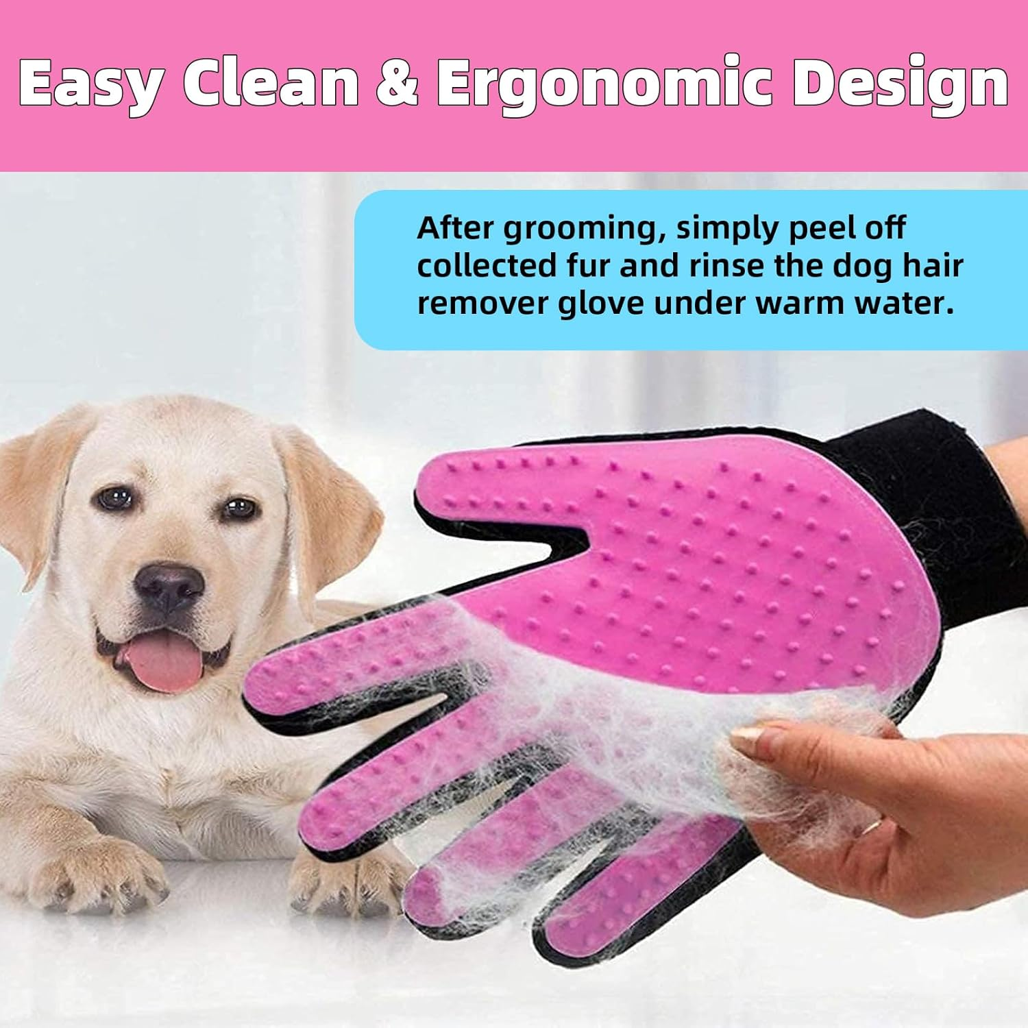 Pet Grooming Glove for Hair Removal and Bathing - 1 Pair Pet Hair Remover Glove for Cat/Dog/Rabbit/Horse with Long/Short Fur, Easy Mess Free Deshedding, BPA Free Pet Grooming Mitt (Pink) image number 4