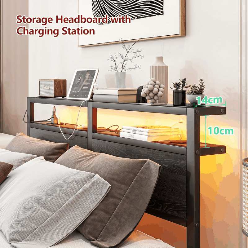 Queen Bed Frame with LED Lights Storage Headboard,Queen Bed Frame with Charging Station,Heavy Duty Metal Platform Bed Frame,No Box Spring Needed,Noise Free,Strong Metal Slats Support,Black image number 5
