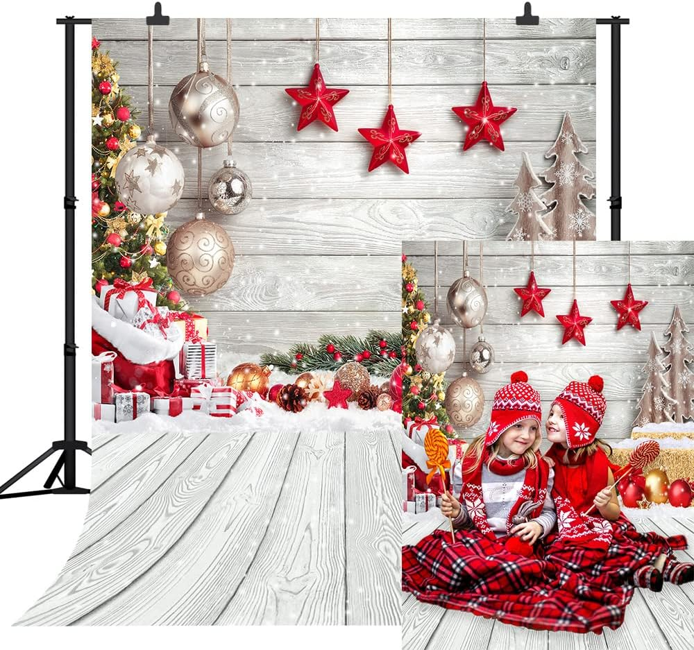 Capisco Christmas Photography Backdrop White Wood Floor Backdrop Winter Snow Xmas Tree Balls Gift Family Festive New Year Photo Background Party Banner Supplies Decoration Backdrops 6X8Ft SCO456B image number 1