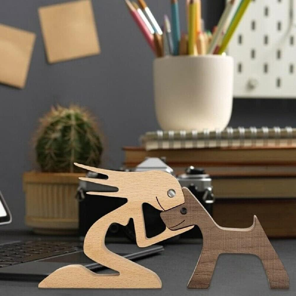 Unique Gift Hand Carved Wood Dog Human Statue Figurine Sculpture Home Office D&eacute;cor, Wooden Man Carving Model to Remember Friendship between Dog and People image number 3