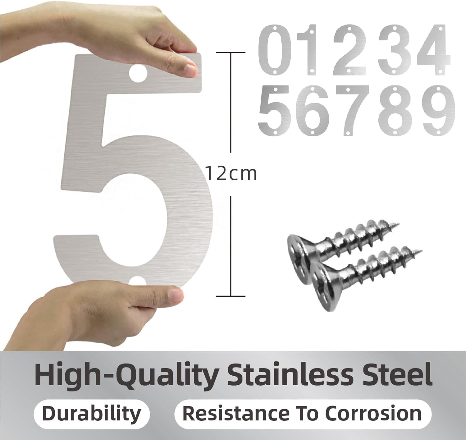 Bay Breeze Stainless Steel House Number Sign, 12Cm, Silver-0, Modern Elegant Style, Wall Mount, Outdoor/Indoor Use - Silver-3 image number 5