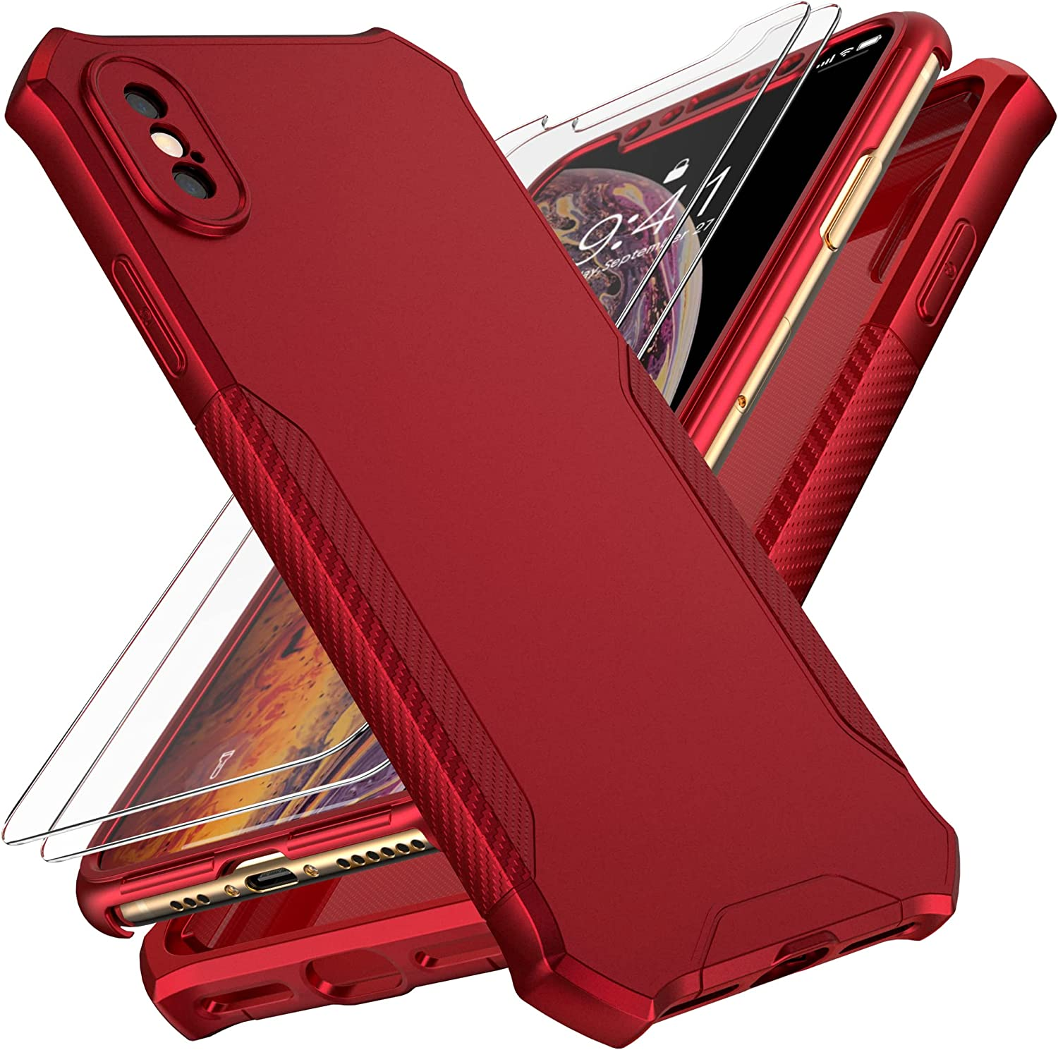 Oretech Designed for Iphone X/Iphone Xs Case with [2 X Tempered Glass Screen Protector] [Full Camera Lens Protection] Square Edge Shockproof Anti-Slip Phone Case Cover for Iphone X/XS Case-5.8" Black