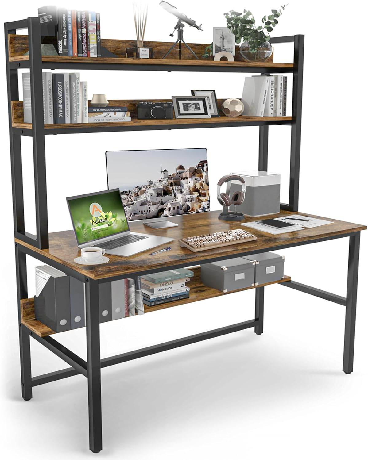 Aquzee Modern Black Computer Desk with Bookshelves, Multi-Functional Office Desk, Sturdy and Durable, Easy Assembly, Spacious Storage