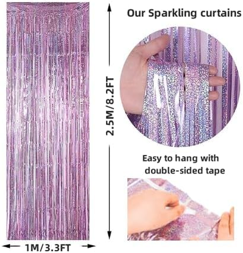 YALLOVE 2 Pack Foil Curtain Backdrop, Pink Metallic Tinsel Foil Fringe Curtains Photo Booth Props for Birthdays Baby Showers Party Decorations image number 1