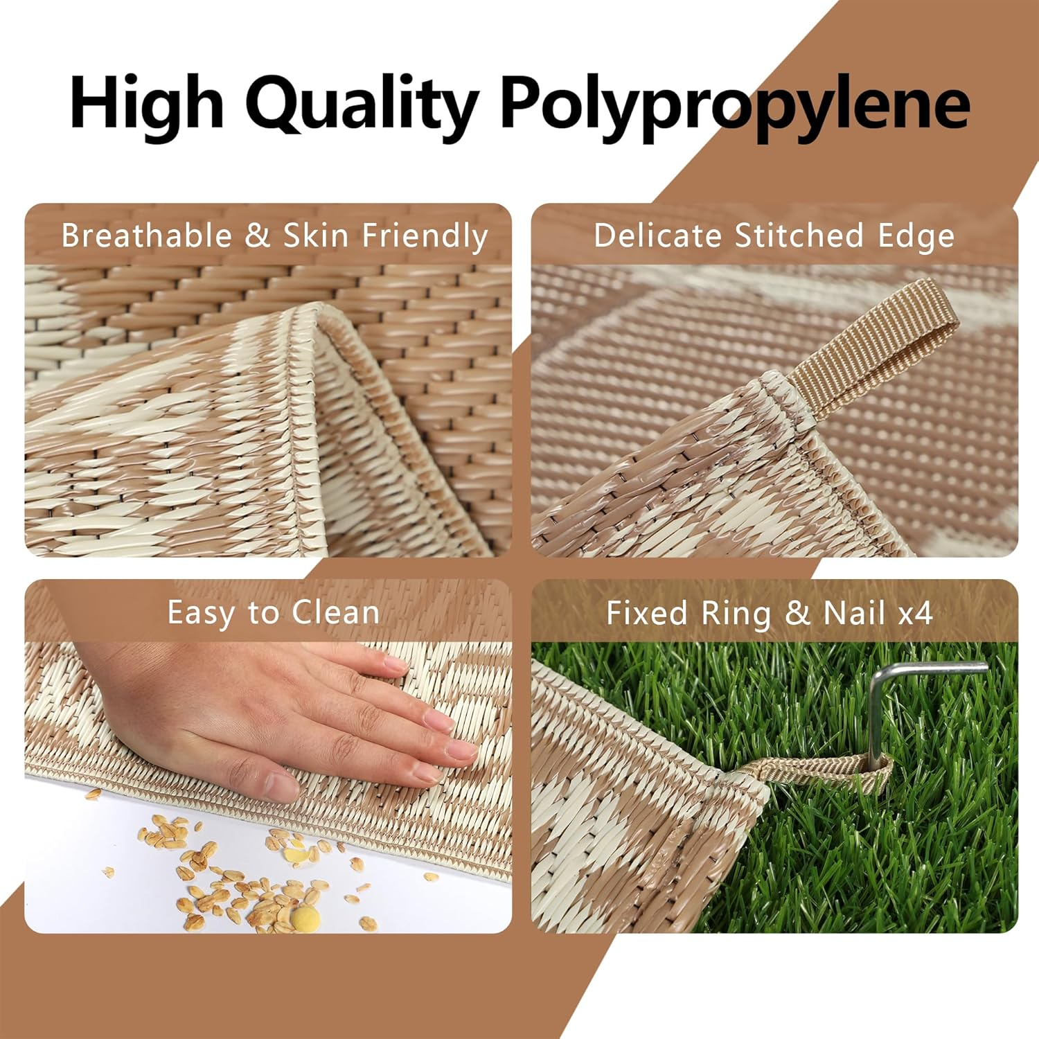 Famibay Outdoor Rug Waterproof Plastic Straw Garden Rugs Reversible Outdoor Rug 120 X 180 Cm Patio Carpet UV Resistant Portable Indoor Area Rug for RV Balcony Picnic Brown Beige image number 6