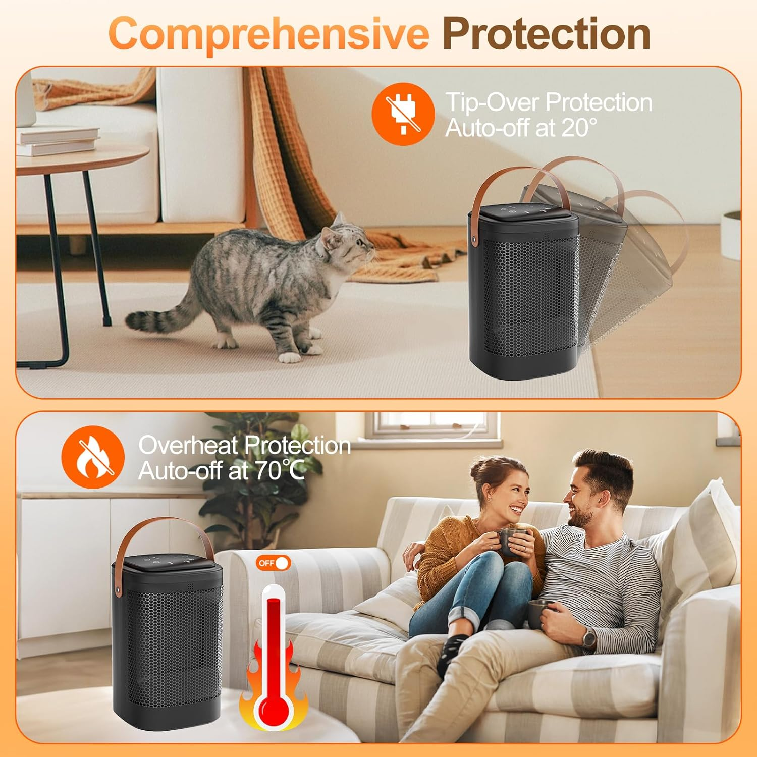 Oolong 1500W Portable Ceramic Heater with Thermostat & Remote, Energy Efficient Electric Heater Fan, 70&deg; Oscillation, 12H Timer Tip-Over & Overheat Protection for Bedroom, Living Room, Home Office image number 5