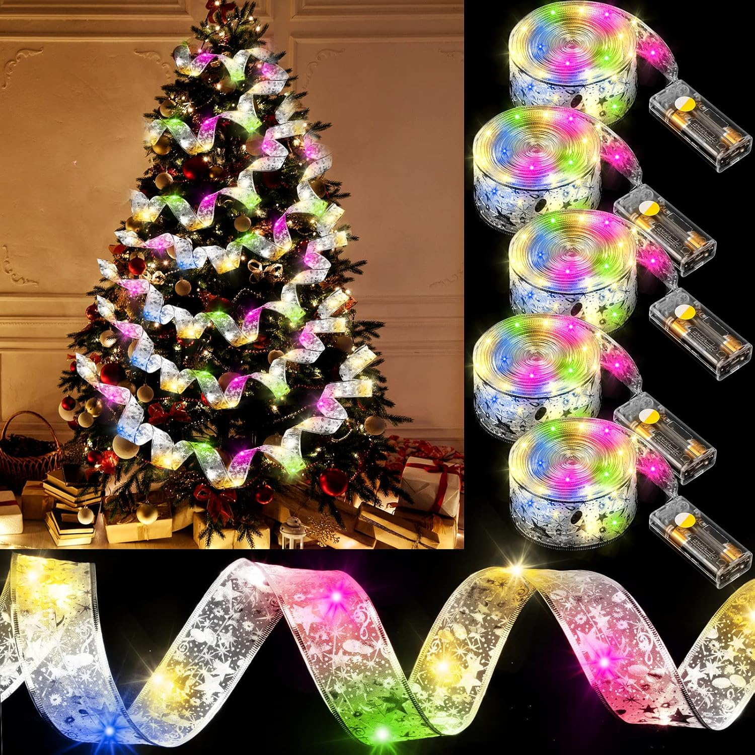 Tuanse 5 Piece 82FT Christmas Ribbon Lights 250 LED Glow Ribbon Strings Lights Shining Ribbon Fairy Lights with Double Layer Copper Wire for Xmas Tree Indoor Outdoor Decor (Gold, Warm Light)