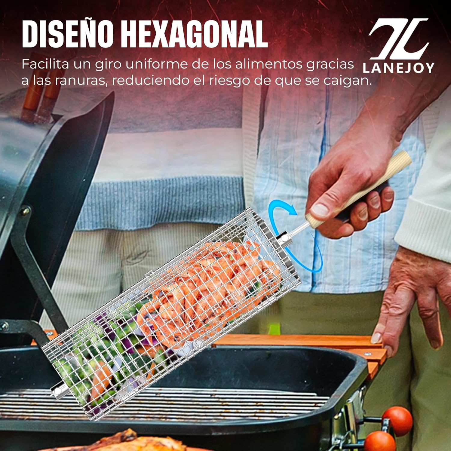 LANEJOY Rolling Grill Baskets with Removable Handle (Hexagonal), 2 PCS Stainless Steel Rolling Grilling Basket for Outdoor Grill, Portable Grill Nets for Vegetable Shrimp Chicken, Barbecue Accessories image number 2