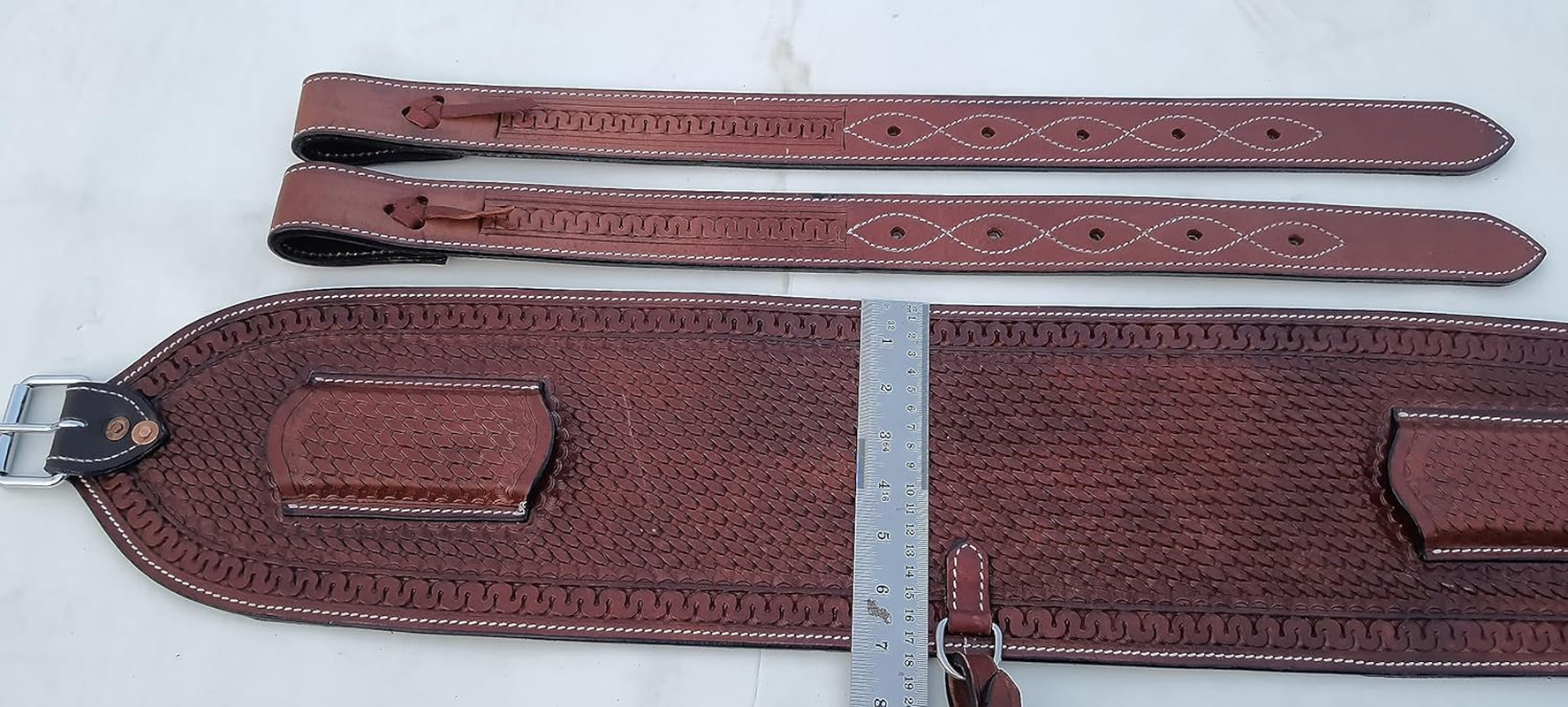 Western Horse Floral Tooled Leather Rear Flank Saddle Roper Back Cinch with Billets (Tan) image number 2