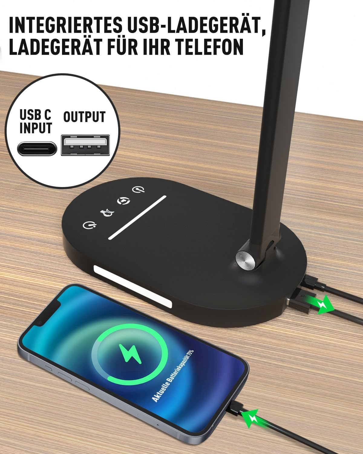 HASKARE Desk Lamp LED Dimmable Table Lamp, 5 Colour Modes and 5 Brightness Levels, Anti-Glare Eye Protection Desk Lamp, USB Charging Port, with 5V/2A Power Adapter - Schwarz image number 4