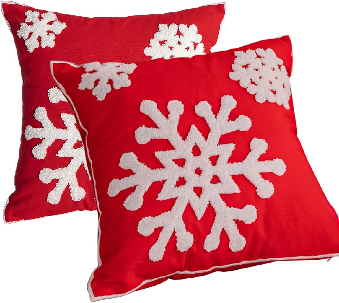 18X18,Cotton Christmas Blessing Throw Pillow Cover for Bed Sofa Cushion Car Snowflake Embroideried Pillowcases,1Pair White