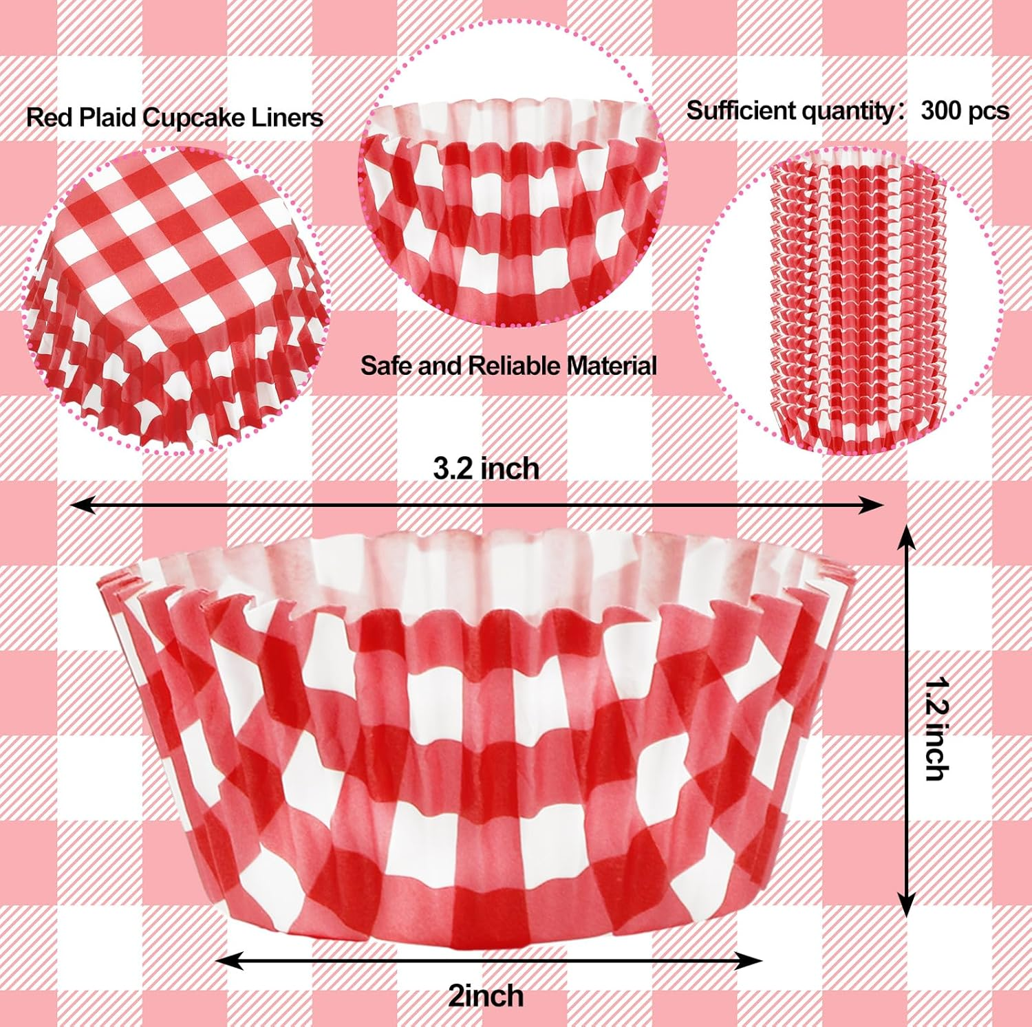 Whaline 300Pcs Red Plaid Cupcake Liner Checkered Baking Cup Muffin Liner Paper Cake Cup Storage Container for Christmas Wedding Party DIY Craft, 2X1.2 Inch image number 3