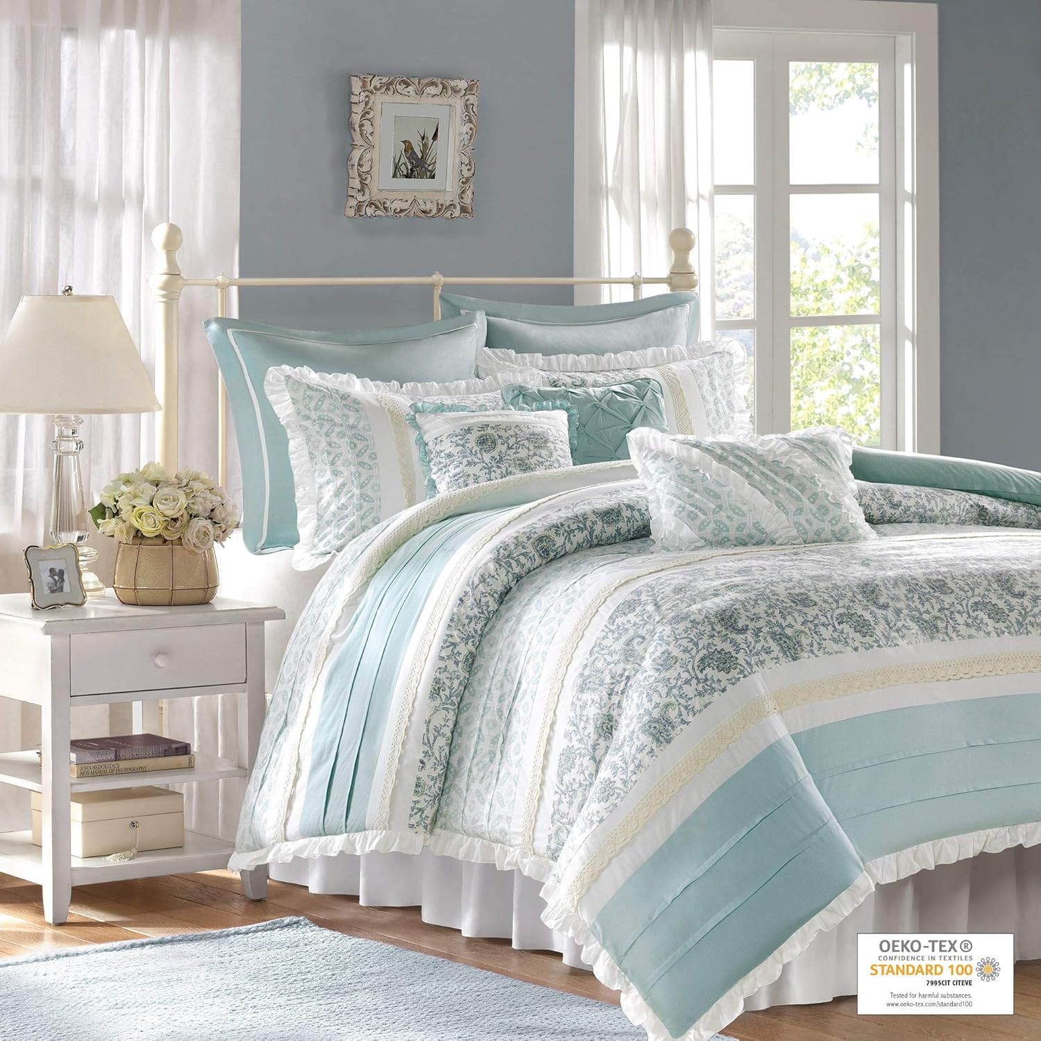 Madison Park MP12-389 Dawn 9 Piece Cotton Percale Duvet Cover Set, Blue image number 2