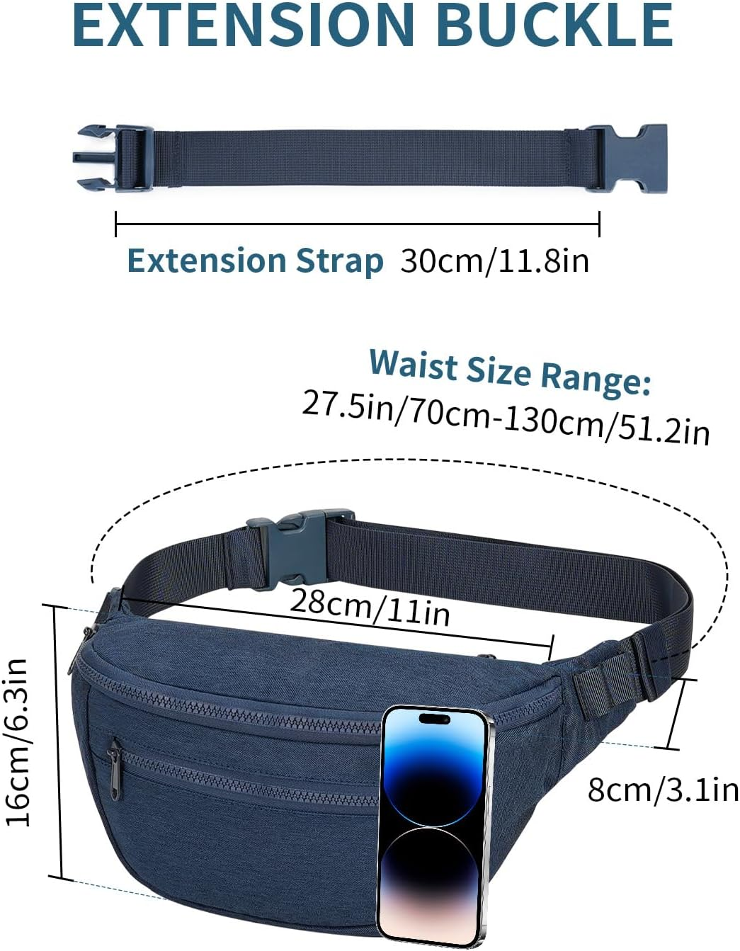 Fanny Pack for Women Men,Waist Bag Pack with Extra Extension Belt, Water Resistant Fashion Crossbody Belt Bags for Travel Walking Running Hiking, Pink Patent Pending, Navy Blue image number 1