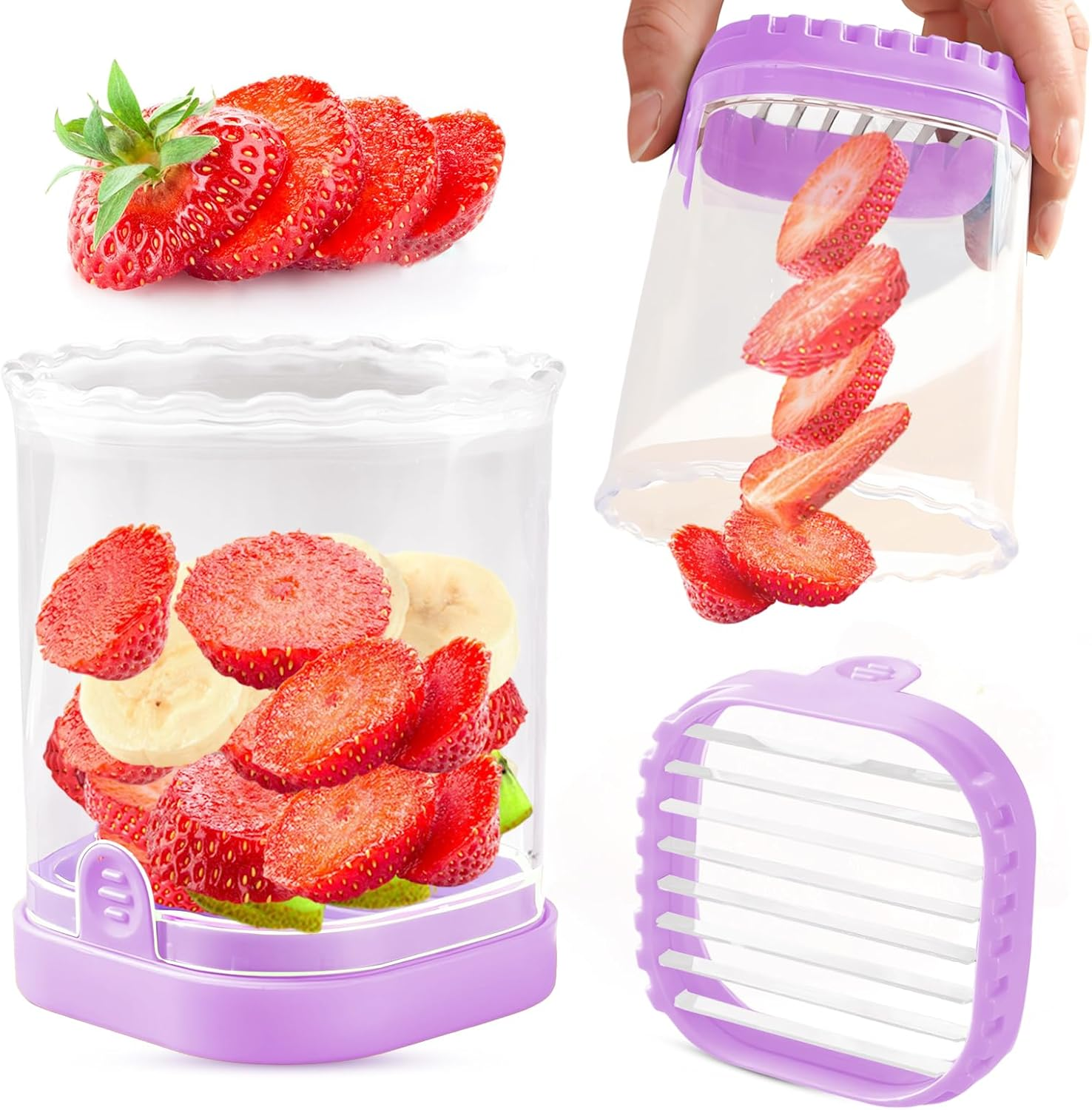 Fruit Slicer Cup | Strawberry Slicer | Banana Slicer | Grape Cutter | Egg Slicers | Detachable Fruit Cutter Slicer with Push Plate | Creative Strawberry Slicer Kitchen Gadget (Black + Pink) - 2, Black + Pink image number 3