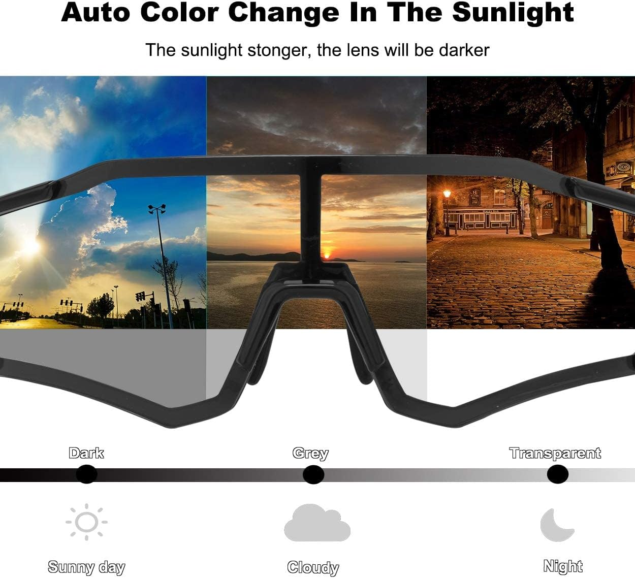 ROCKBROS Photochromic Sunglasses for Men Women Sports Cycling Glasses UV Protection Full Screen Windproof Bike Glasses for Running Fishing Black image number 4