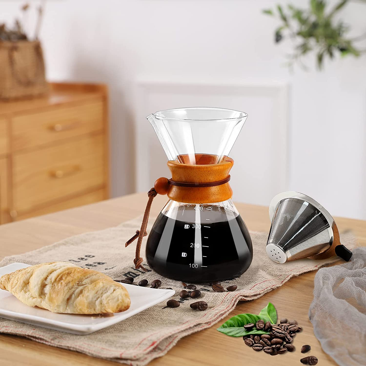 V60 Pour over Coffee Maker Glass Coffee Pot Manual Drip Coffee Brewer with Coffee Filter for Home, Travel (400 Ml, Brown) image number 6
