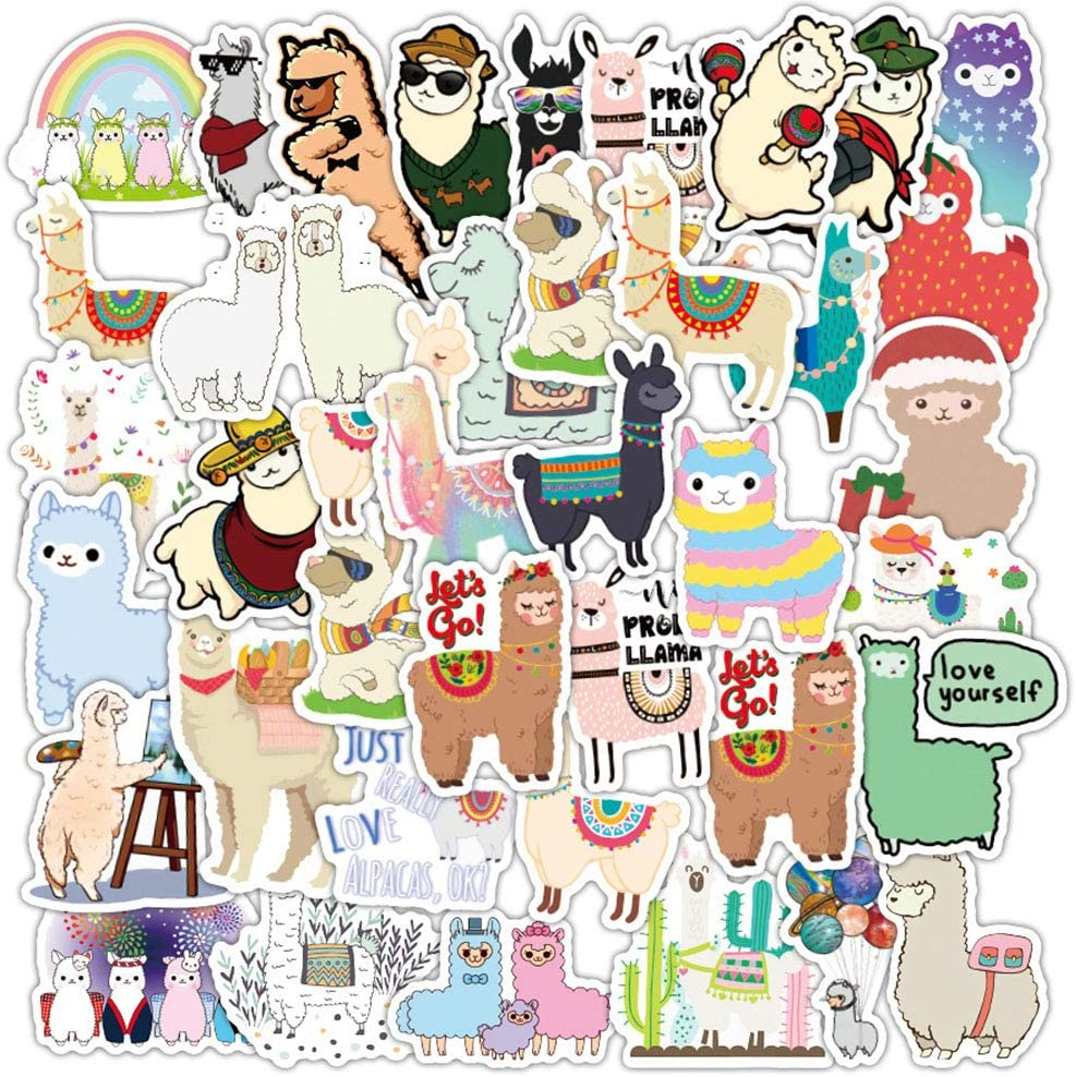 Lovely Alpaca Stickers 50 Pack for Kids Teens Vinyl Waterproof Stickers for Laptop Water Bottle, Llama Sticker, Unique Aesthetic Decal Stickers Graffiti, Cool Trendy for Laptop Guitar Camera Phone Luggage
