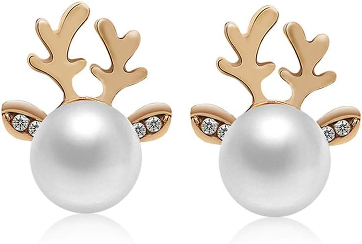 ROSTIVO Christmas Earrings for Women Stud Earrings Cute Faux Pearl Antler Earrings (Gold) image number 1