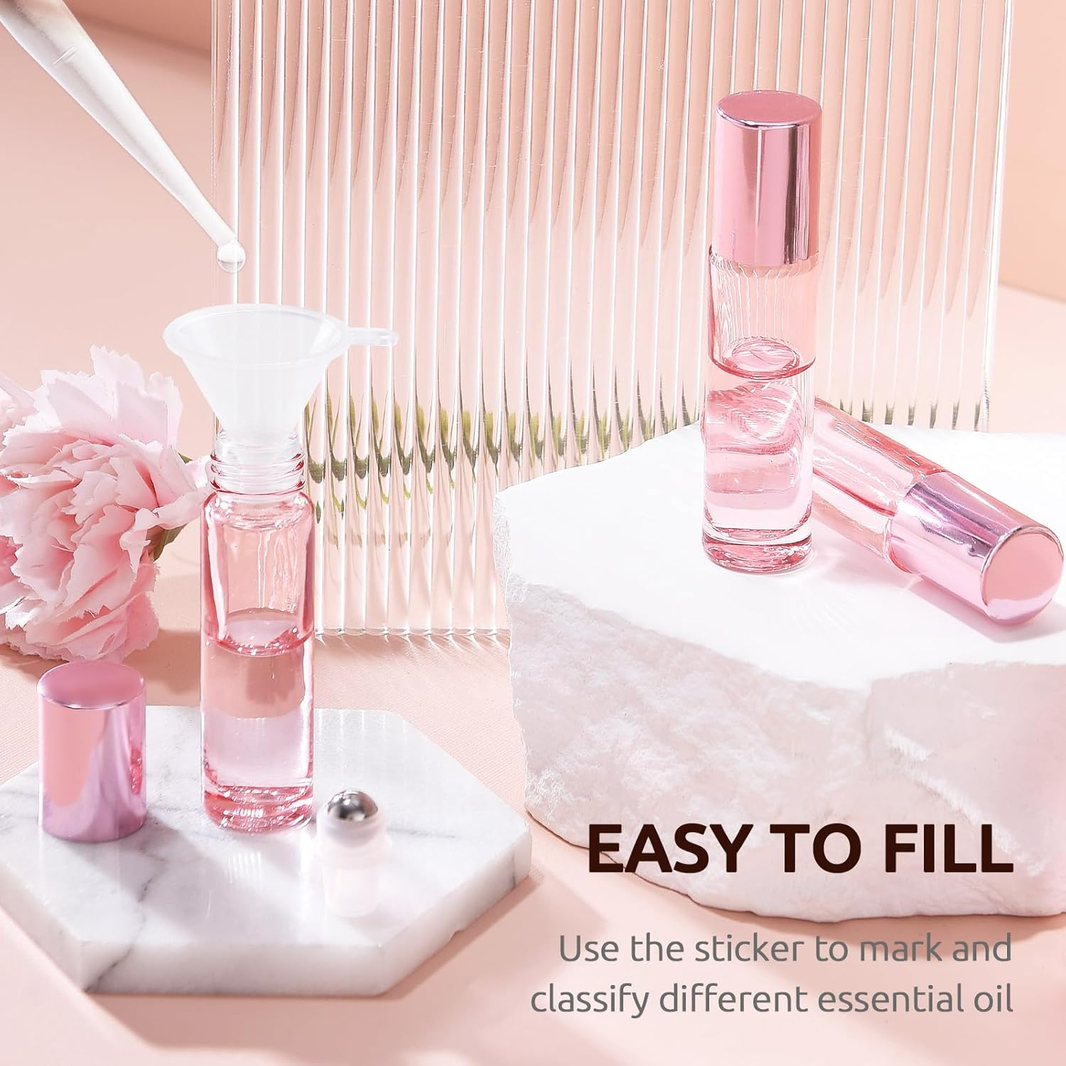 4 Pack Pink Glass Essential Oil Roller Bottles, 10Ml Empty Refillable Rollerballs with Pink Caps - Travel Roll-On Containers for Perfume & Essential Oils image number 6