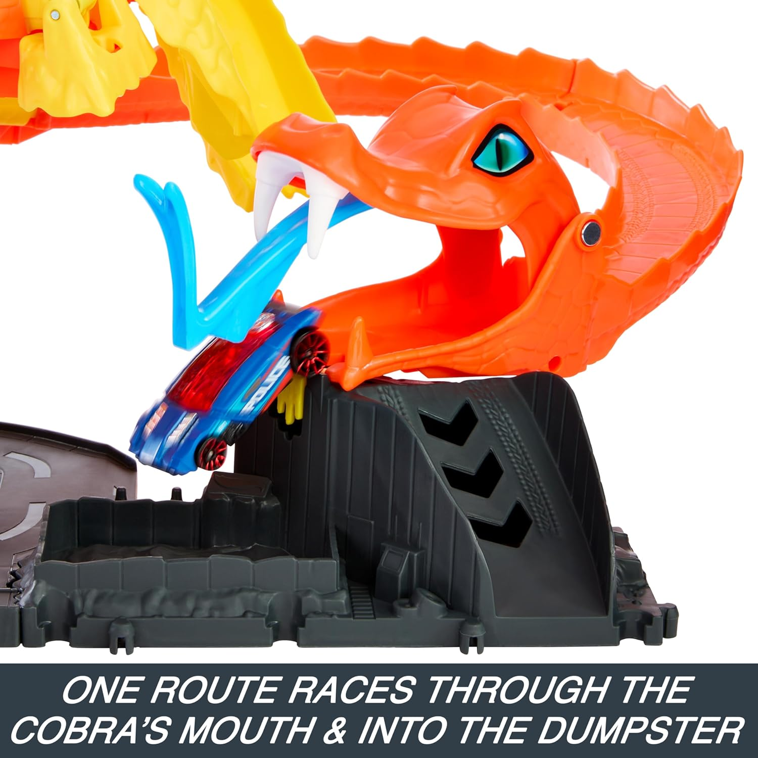 Hot Wheels City Toy Car Track Set, Pizza Slam Cobra Attack Playset, Snake Tail Spiral with Randomizer, 1 Vehicle in 1:64 Scale image number 5