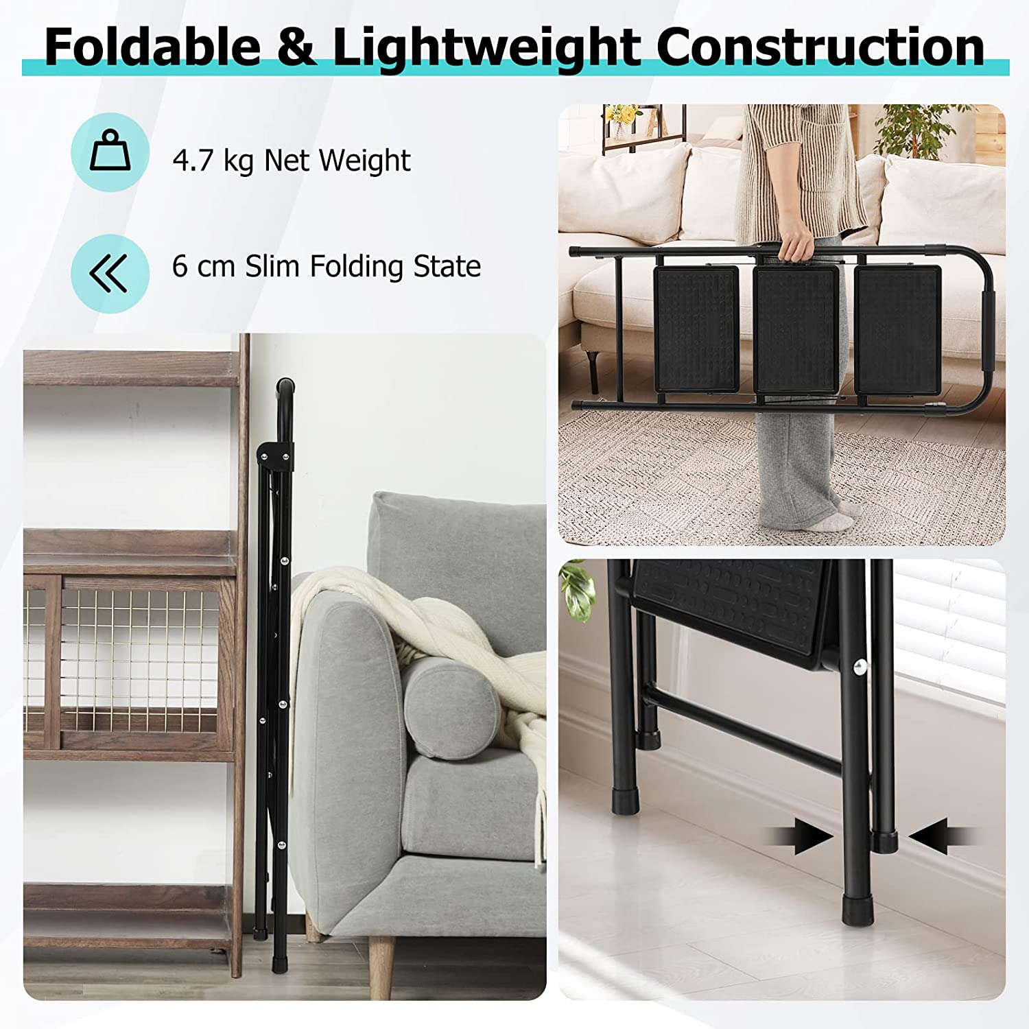 Costway 3 Step Ladder, Folding Step Stool W/Padded Handgrip & Wide Anti-Slip Pedal, Lightweight Portable Metal Tool Ladder, 265 Kg Capacity, Multi-Use Sturdy Ladder for Kitchen & Household image number 3