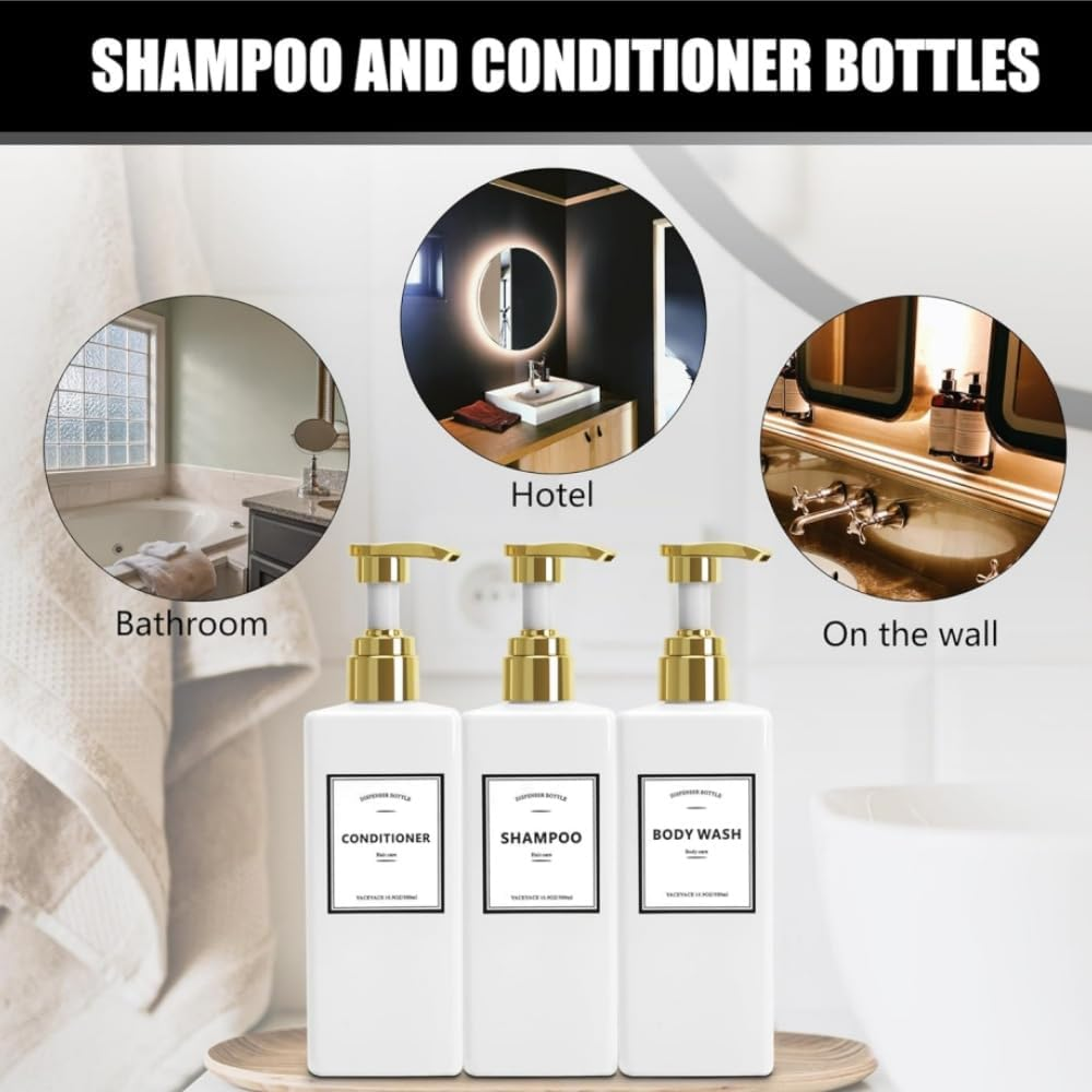 White Shampoo and Conditioner Dispenser, 500Ml Set of 3 Empty White Shower Bottles with Pump, Shampoo Bottles for Bathroom, Kitchen, Solon image number 4