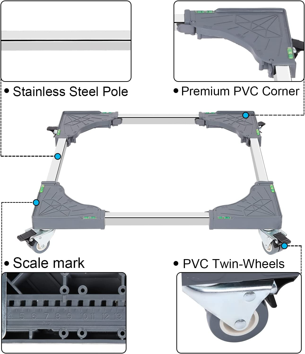 W B D WEIBIDA Adjustable Appliance Dolly Cart with 4 Locking Wheels Small Furniture Mover Mobile Base for Washing Machine, Dryer, Refrigerator and Mini Fridge Stand Moving Cart