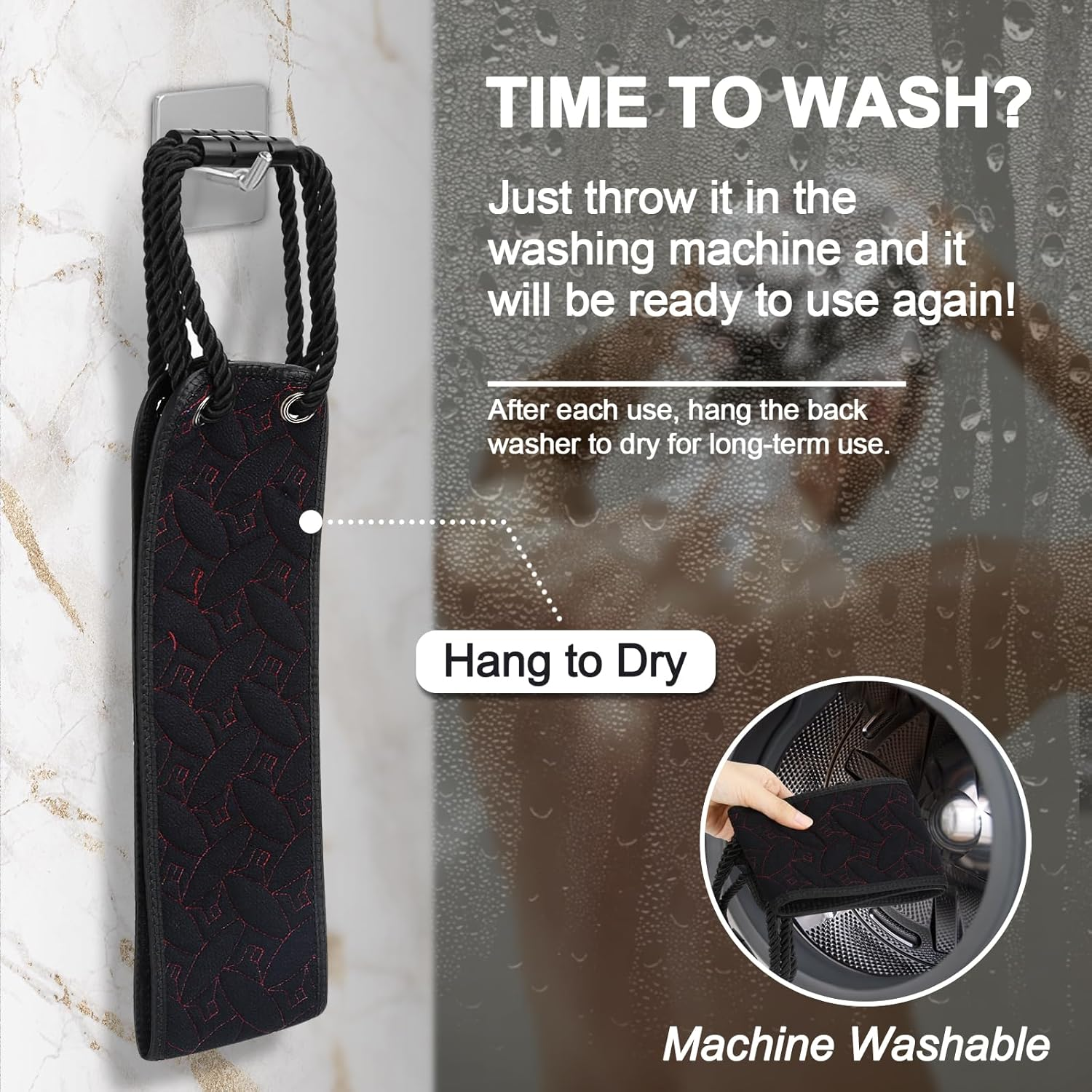 Exfoliating Back Scrubber for Use in Shower, 38.5 Inch Back Washer with Handles, Dual-Sided Body Exfoliator for Daily & Deep Skin Cleaning, Bath Back Scrub Washcloth for Men & Women (Black) image number 3