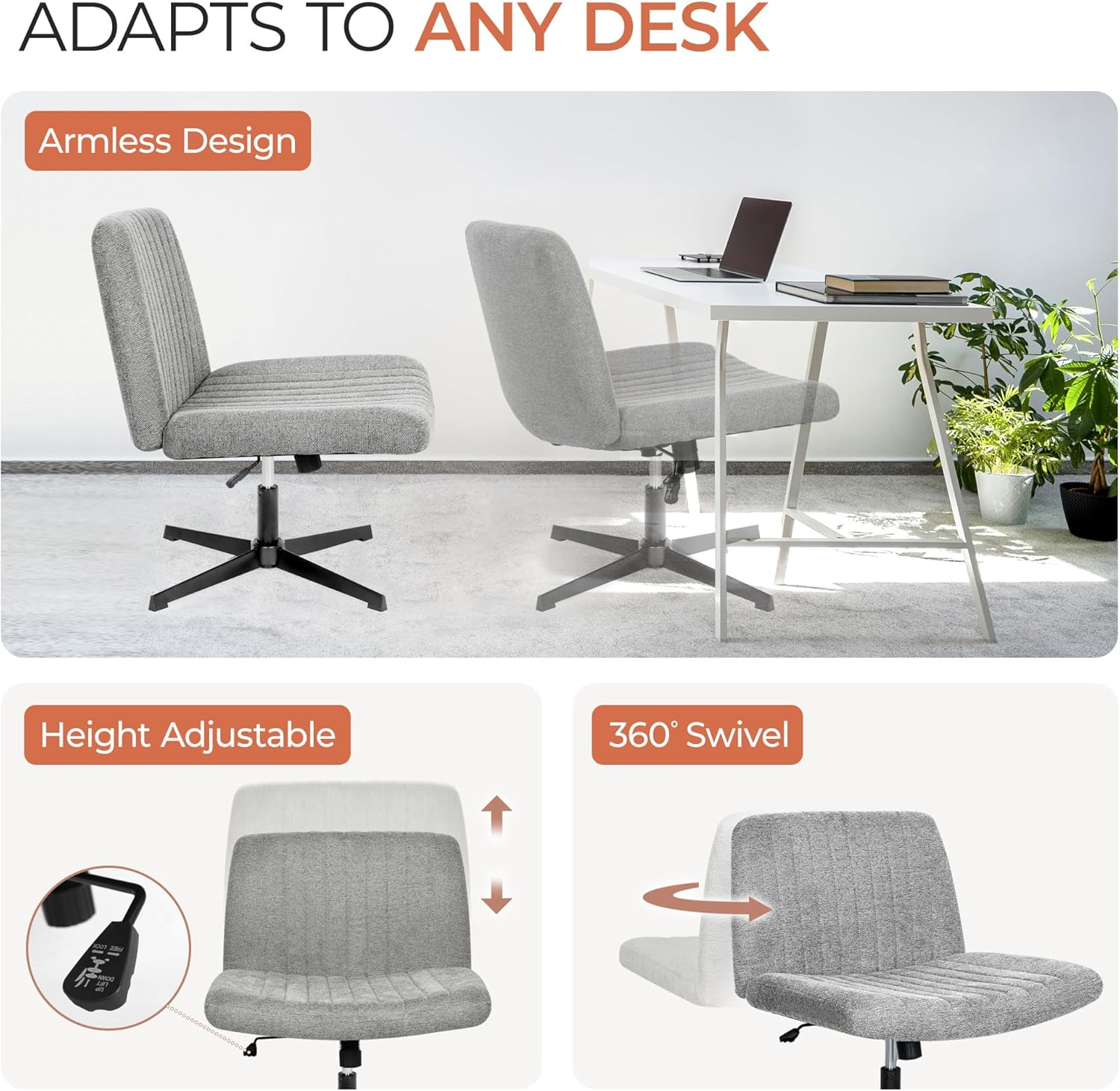 Orange Factory Criss Cross Chair No Wheel Wide Cross Legged Office Desk Vanity Chair Comfy Fabric Armless Adjustable Swivel for Home Computer Task (Gray) - Wheel Pink image number 3