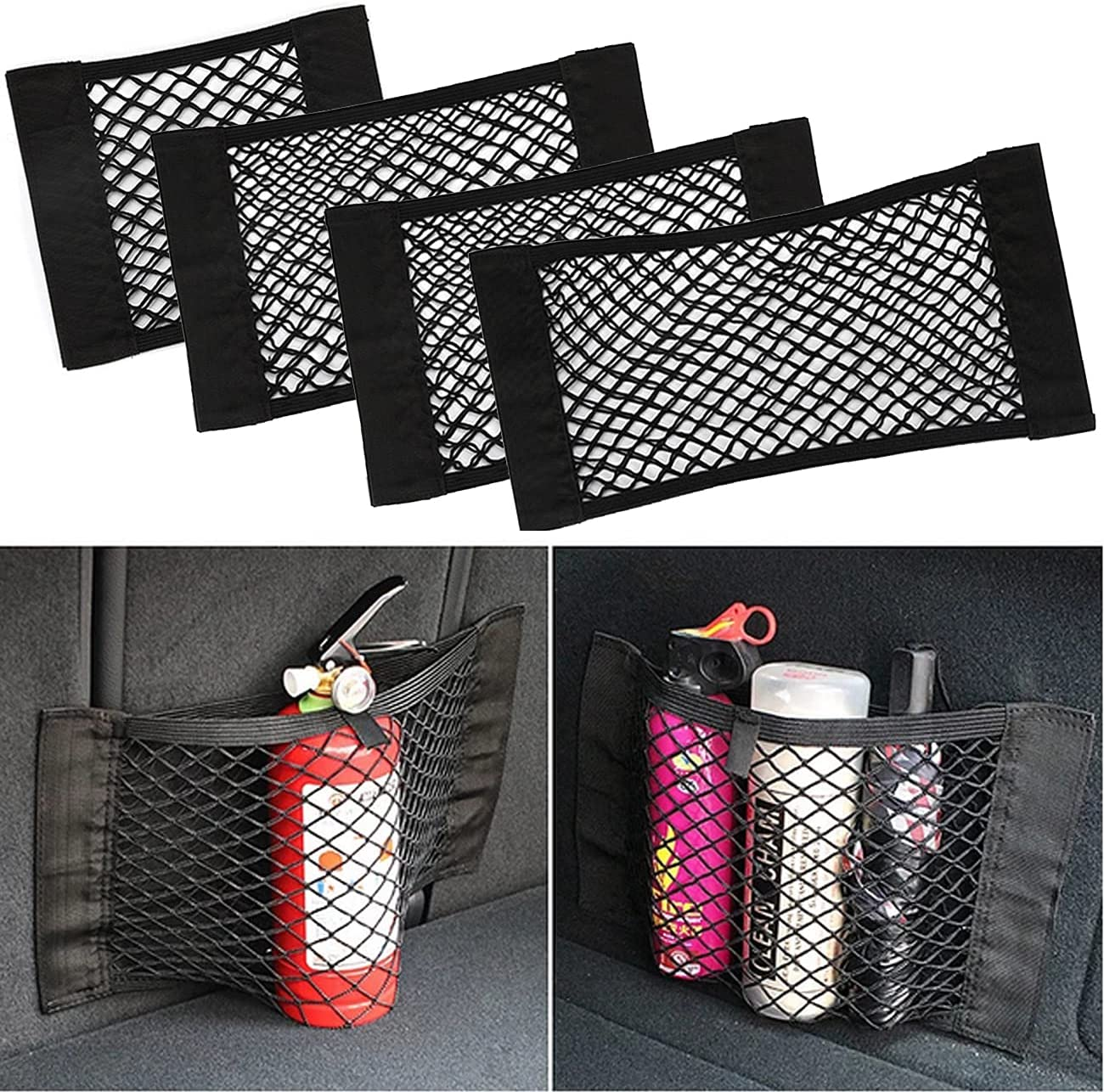Car Boot Storage Nets,Qnlemon 4 Pack Car Storage Mesh Bag Organiser Car Boot Mesh Bag Cark Trunk Storage Net Car Storage Pockets Closure Car Rear Back Seat Organizer Pockets image number 3