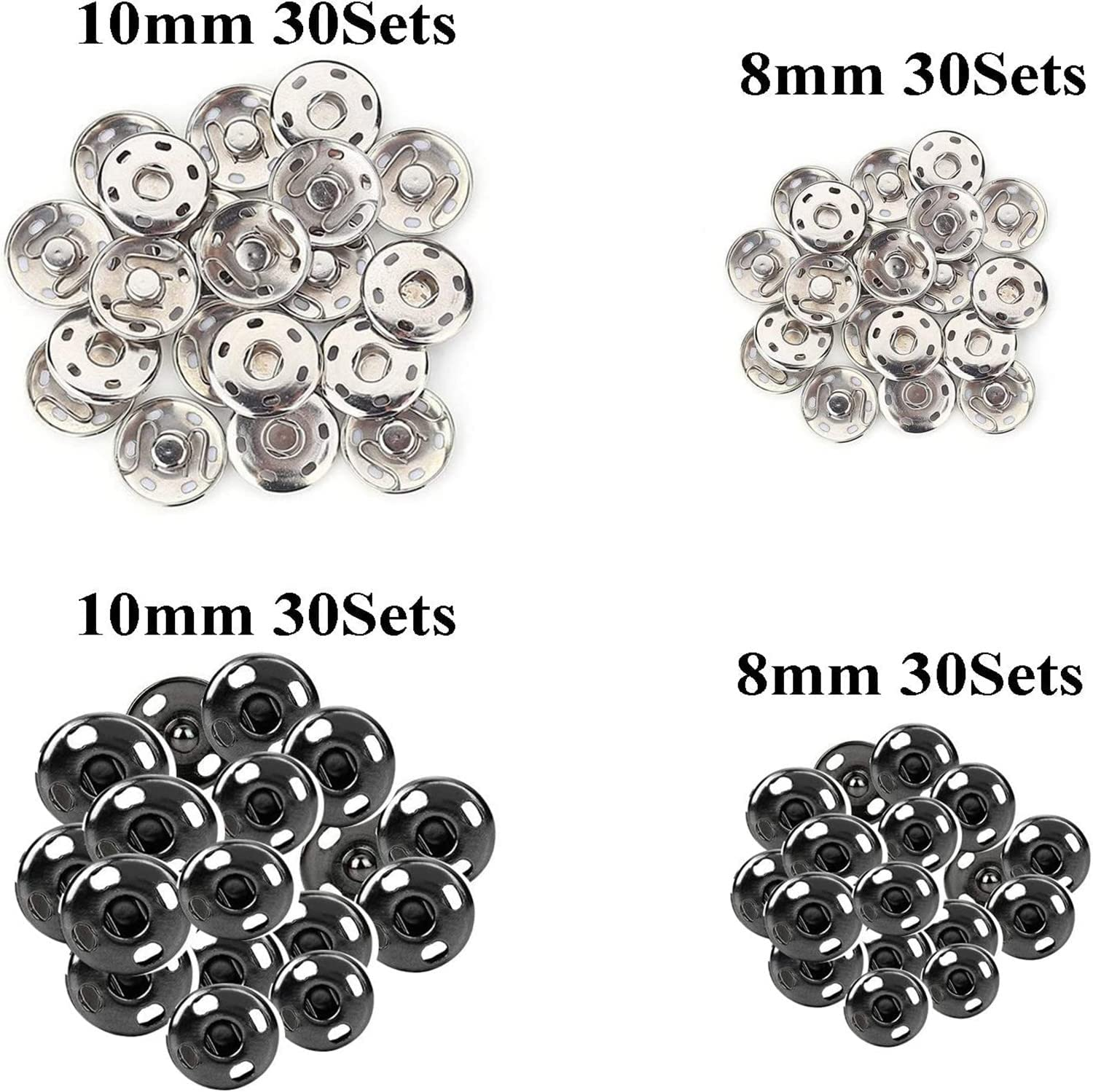 120 Sets Sew-On Snap Buttons, 8 Mm & 10 Mm Metal Snaps Fasteners Spring Press Studs Buttons for Sewing Clothing, Black & Silver image number 4